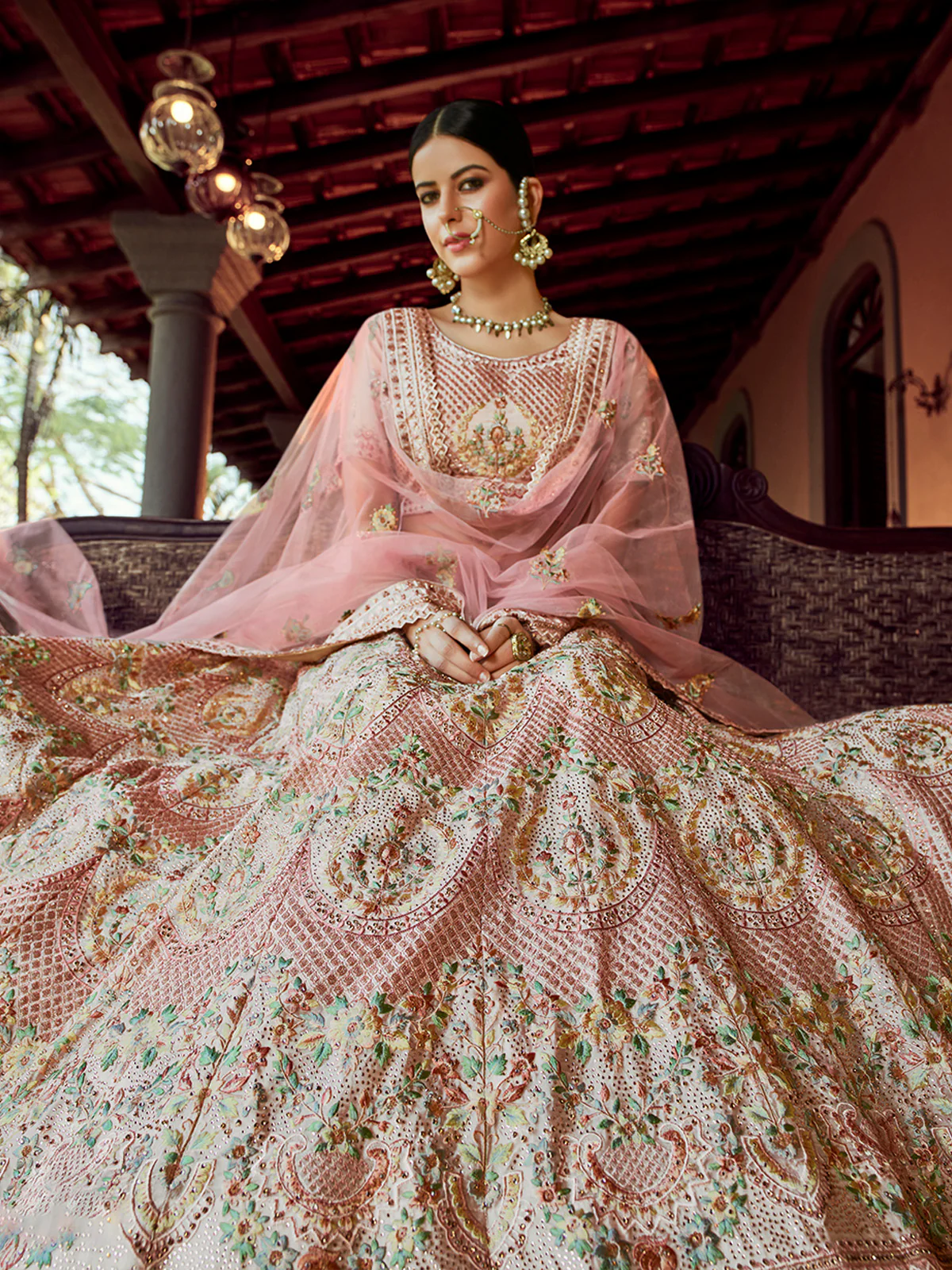 Odette Pink Embroidered Georgette Semi Stitched Lehenga With Blouse For Women - Image 2