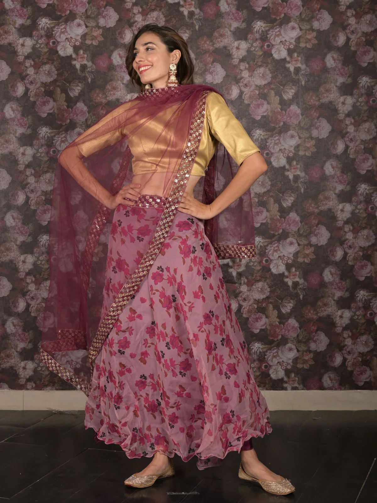 Odette Pink Organza Embroidered Semi Stitched Lehenga With Unstitched Blouse For Women - Image 2