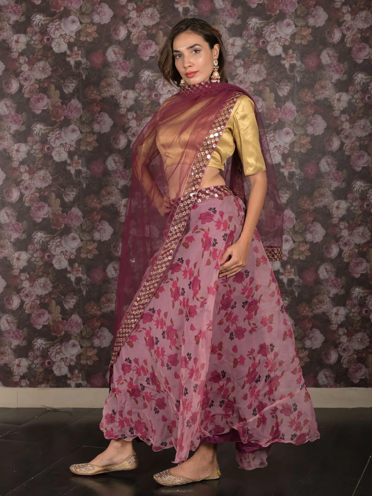 Odette Pink Organza Embroidered Semi Stitched Lehenga With Unstitched Blouse For Women - Image 3