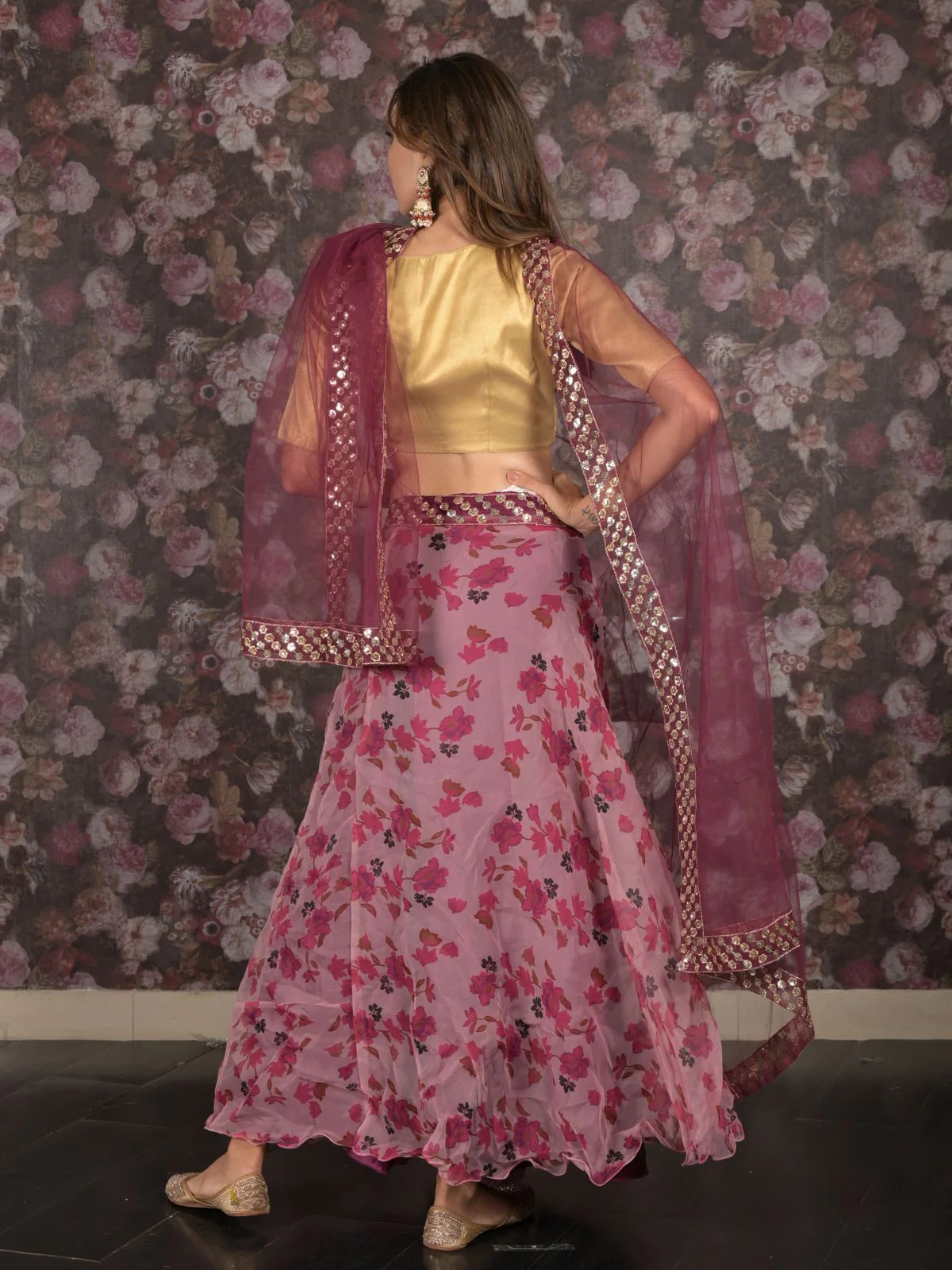 Odette Pink Organza Embroidered Semi Stitched Lehenga With Unstitched Blouse For Women - Image 4