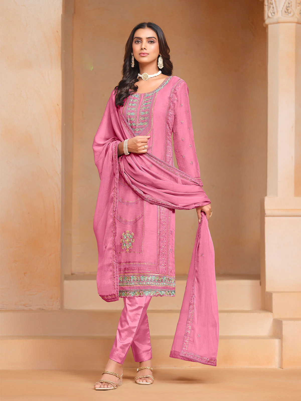 Odette Pink Embroidered Organza Semi Stitched Kurta Set With Dupatta For Women - Image 2