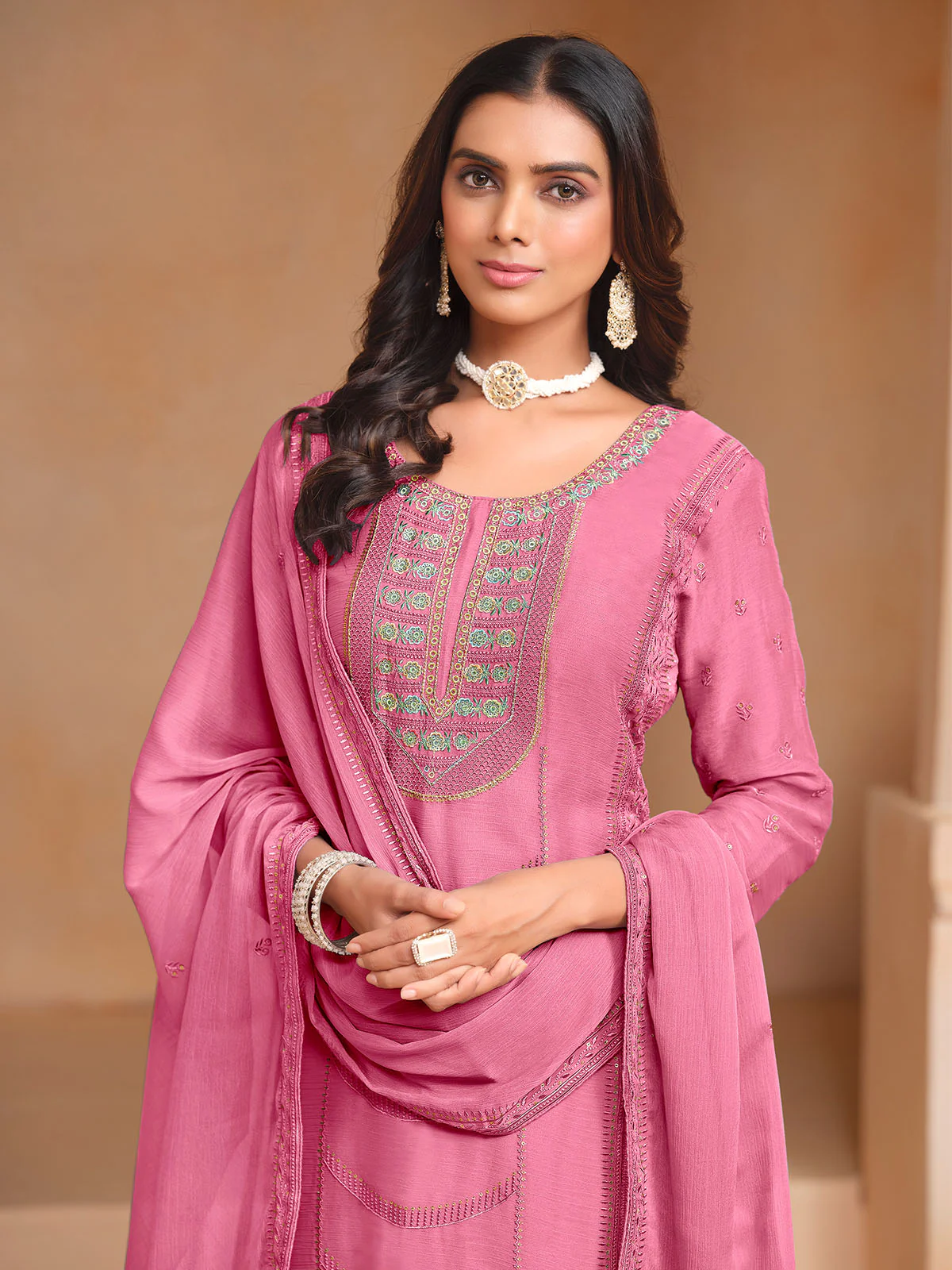 Odette Pink Embroidered Organza Semi Stitched Kurta Set With Dupatta For Women - Image 4