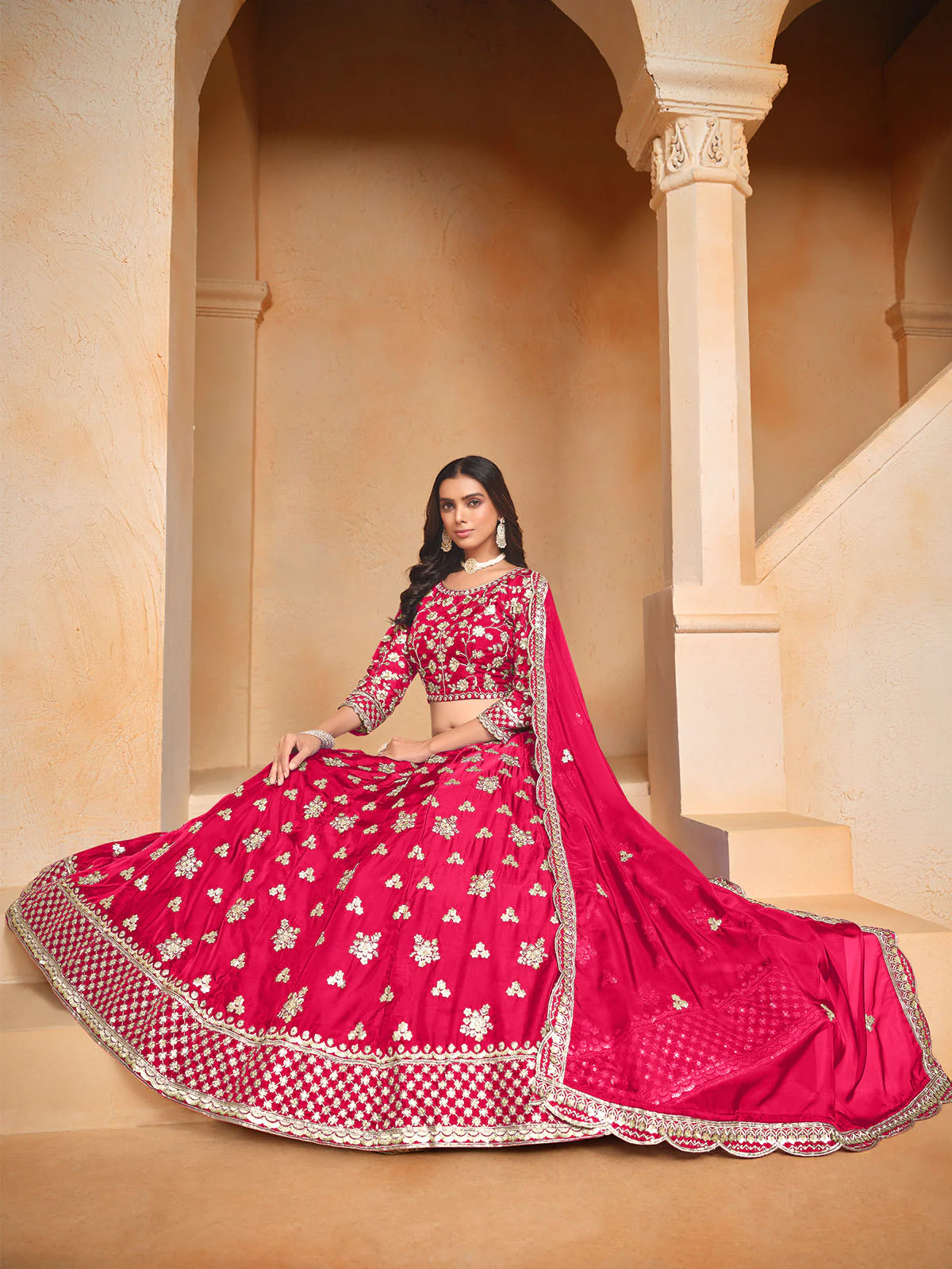 Odette Pink Embroidered Organza Semi Stitched Lehenga With Unstitched Blouse For Women - Image 2