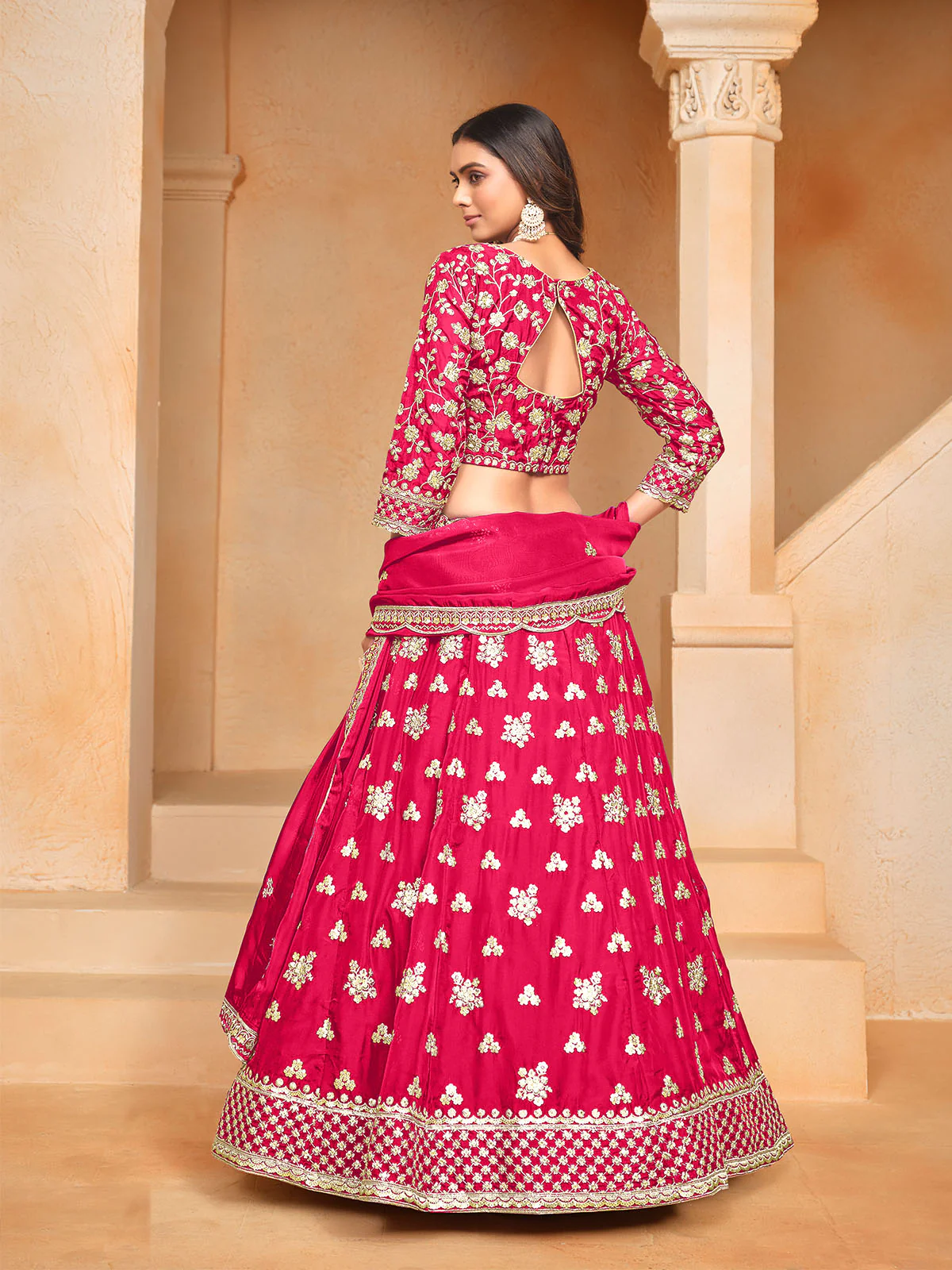 Odette Pink Embroidered Organza Semi Stitched Lehenga With Unstitched Blouse For Women - Image 4
