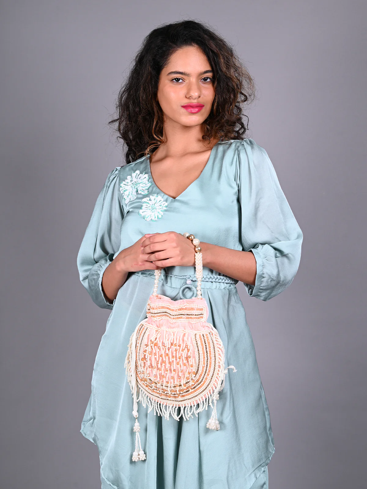 Odette Pink Embroidered Potli Bag For Women - Image 2