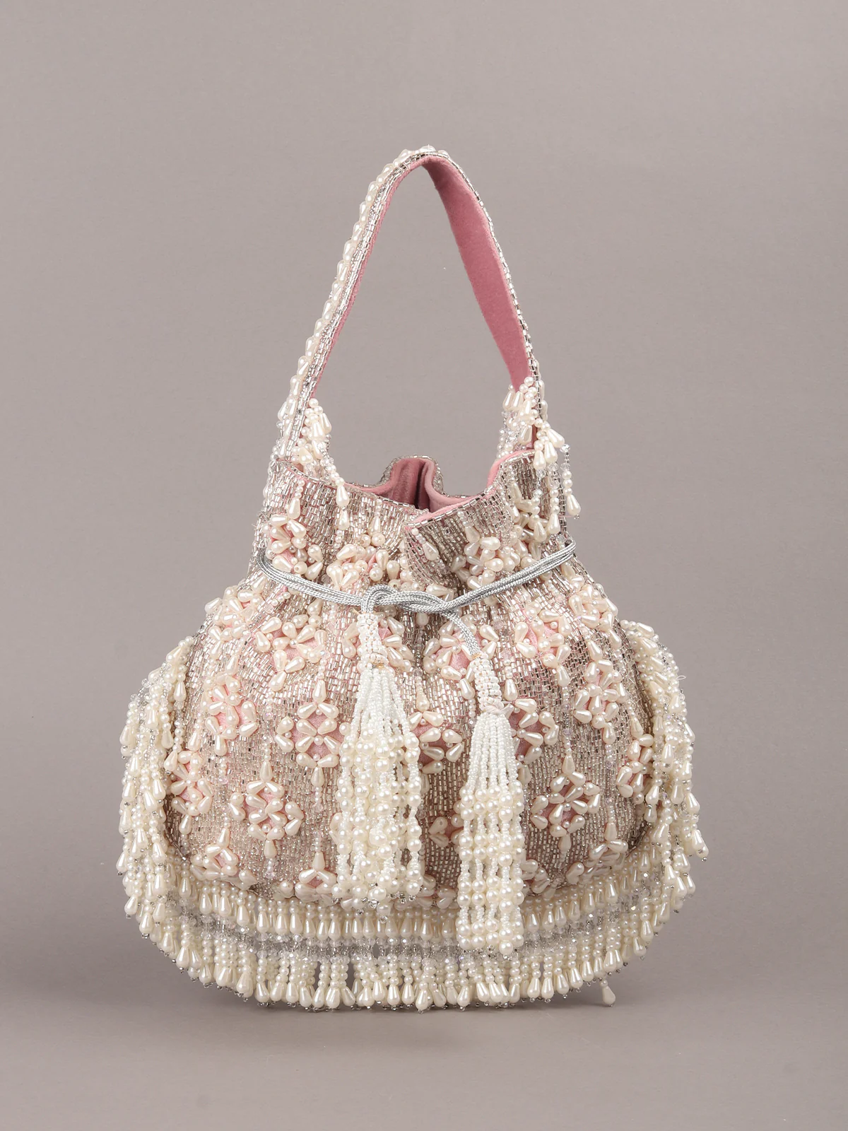 Odette Pink Embroidered Potli Bag with Tassels For Women