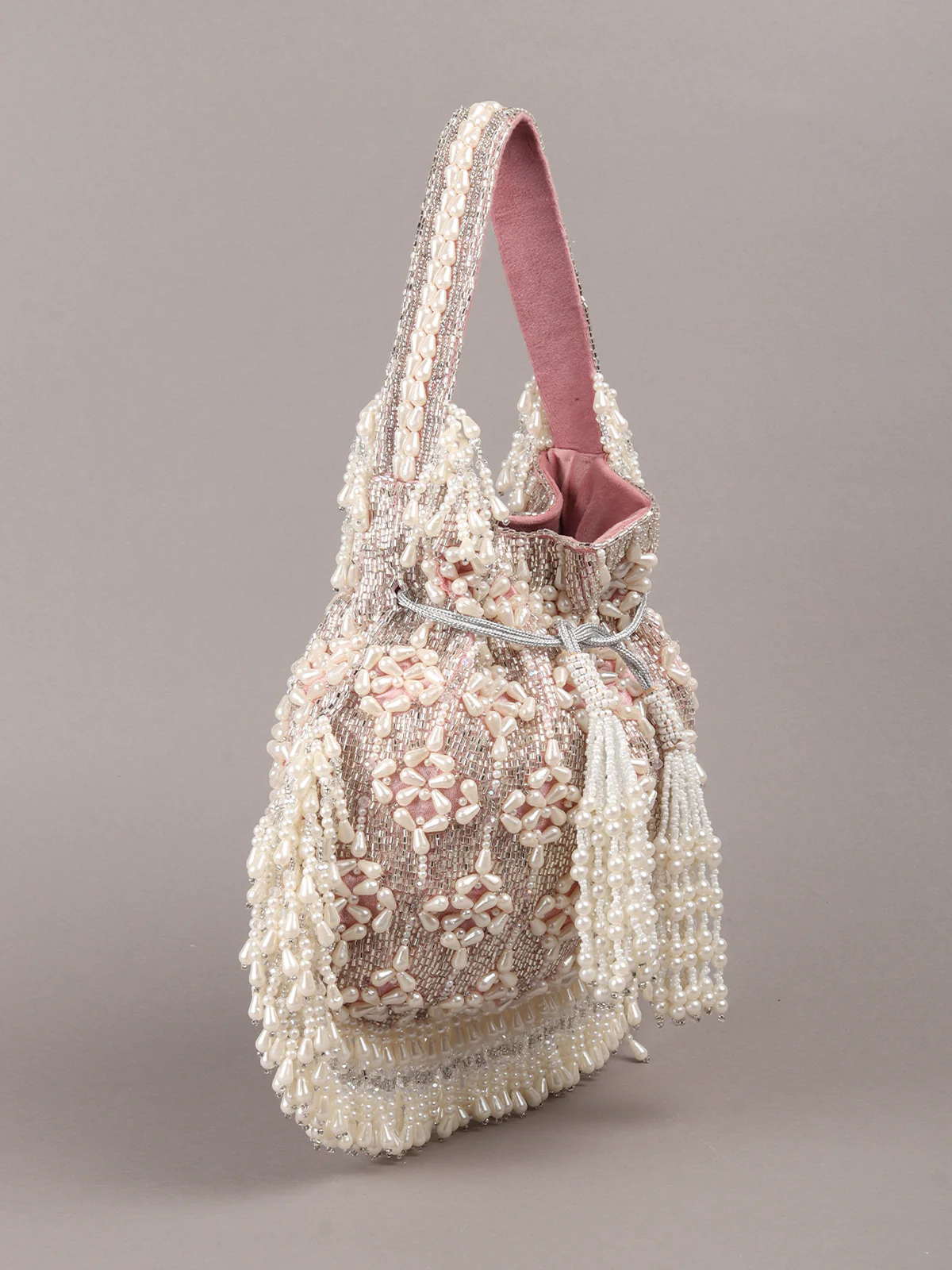 Odette Pink Embroidered Potli Bag with Tassels For Women - Image 2