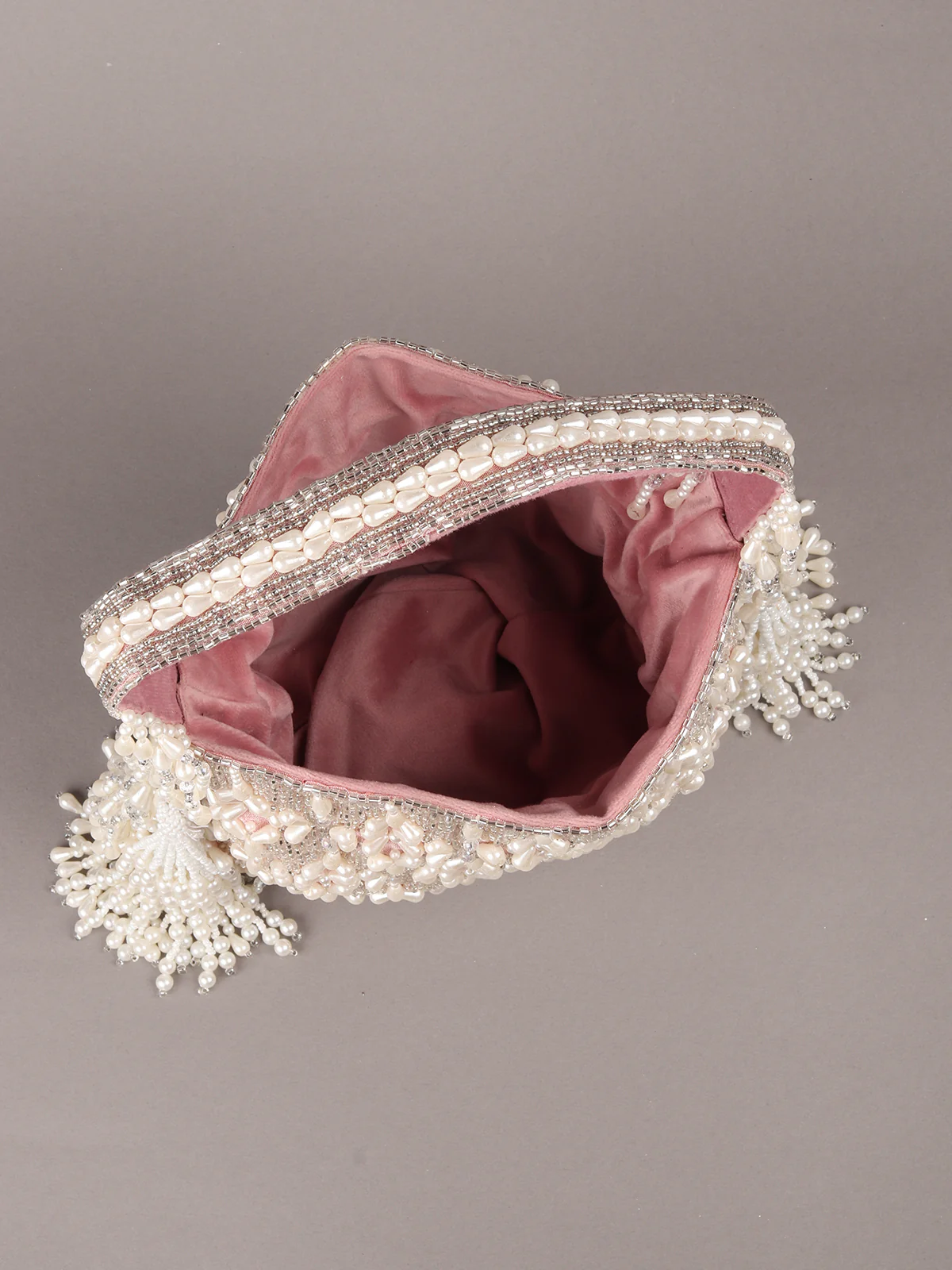 Odette Pink Embroidered Potli Bag with Tassels For Women - Image 4