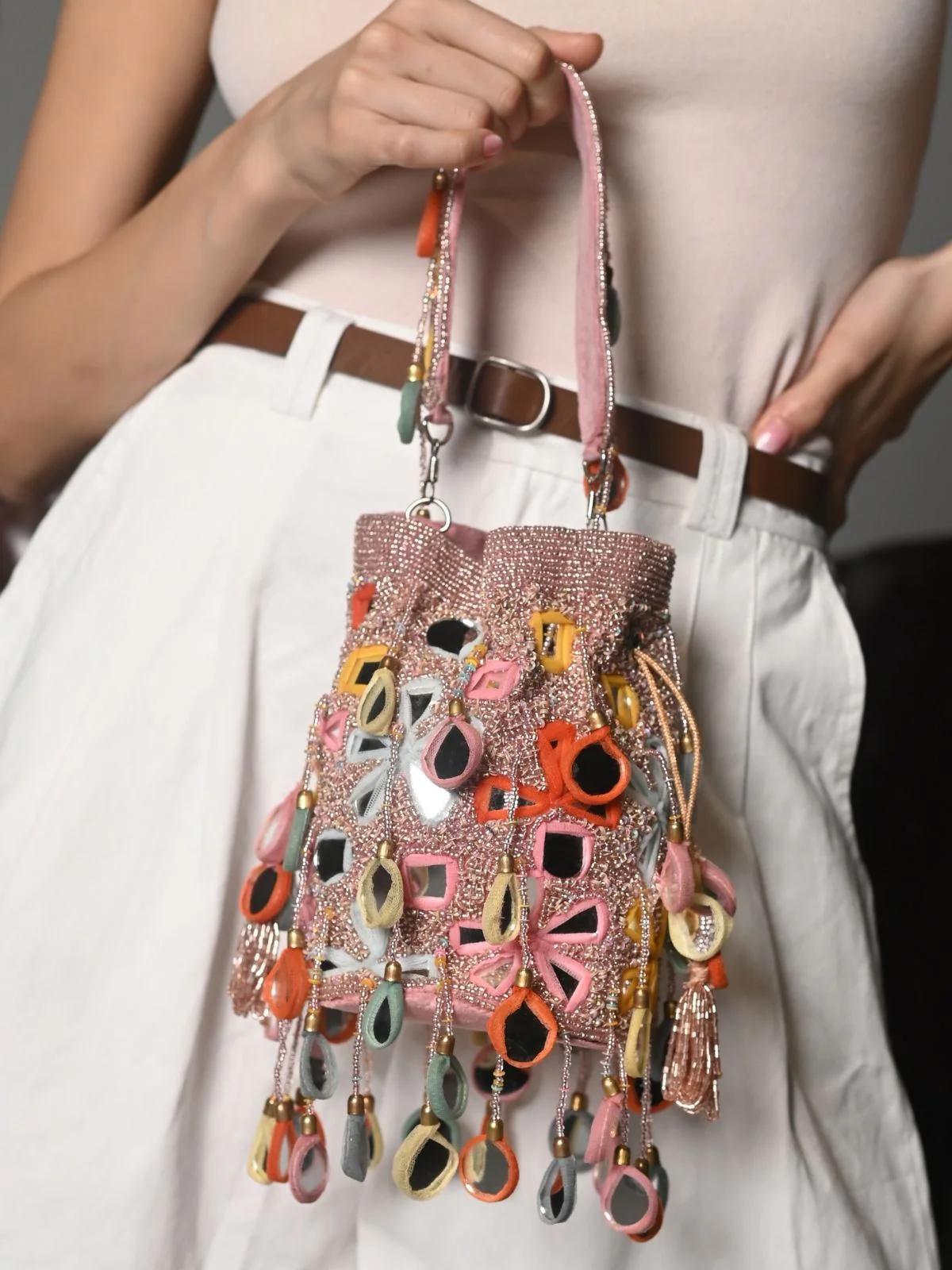 Odette Pink Embroidered Potli Bag with Tassels For Women - Image 3