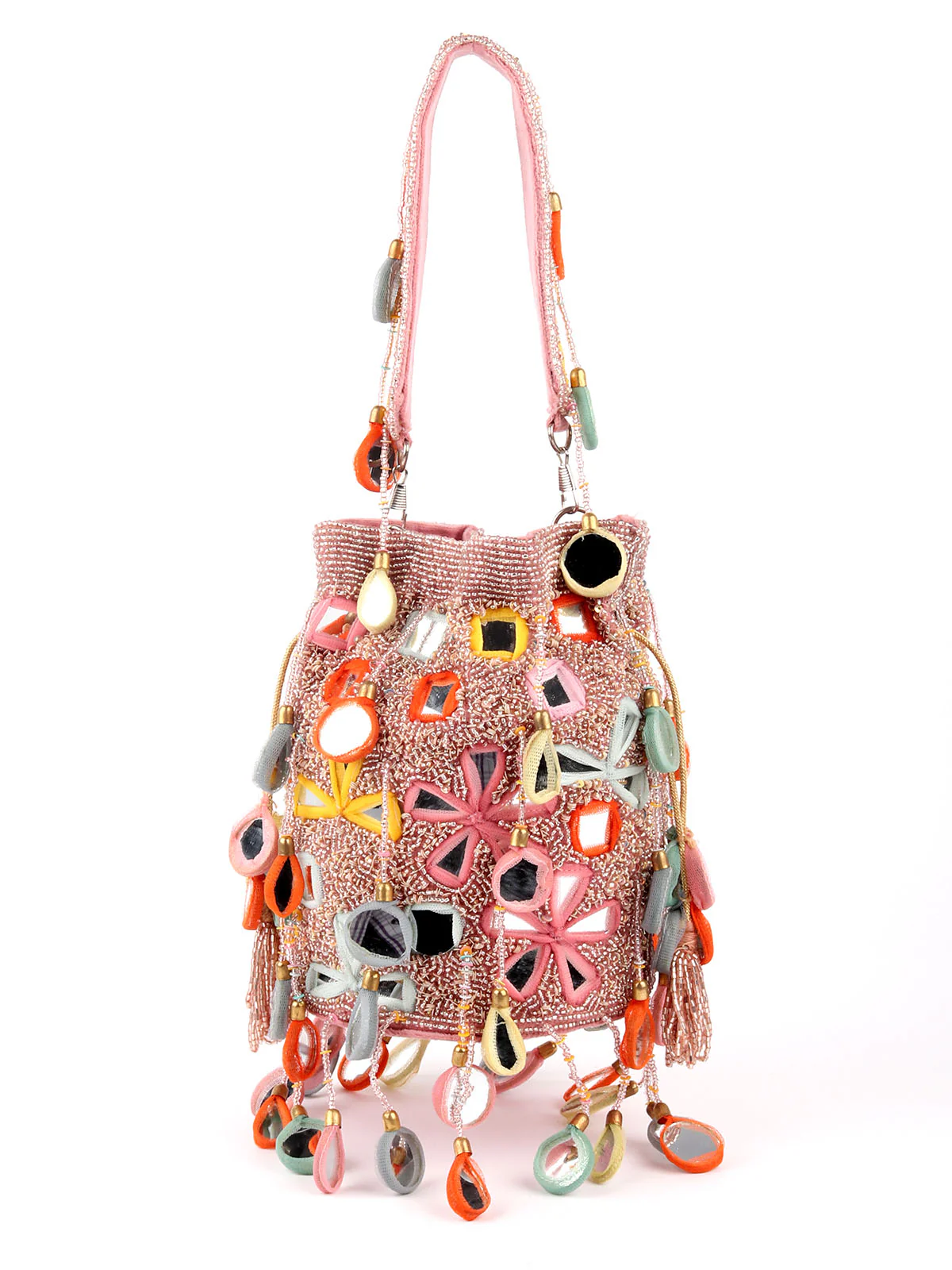 Odette Pink Embroidered Potli Bag with Tassels For Women - Image 6