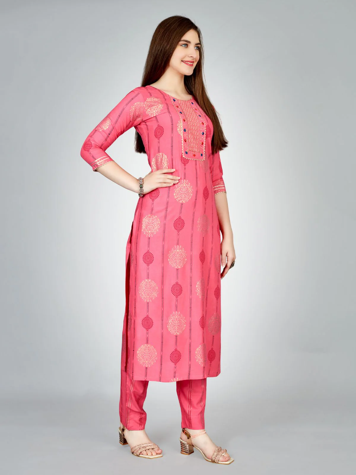 Odette Pink Embroidered Rayon Stitched Kurta Set For Women - Image 3