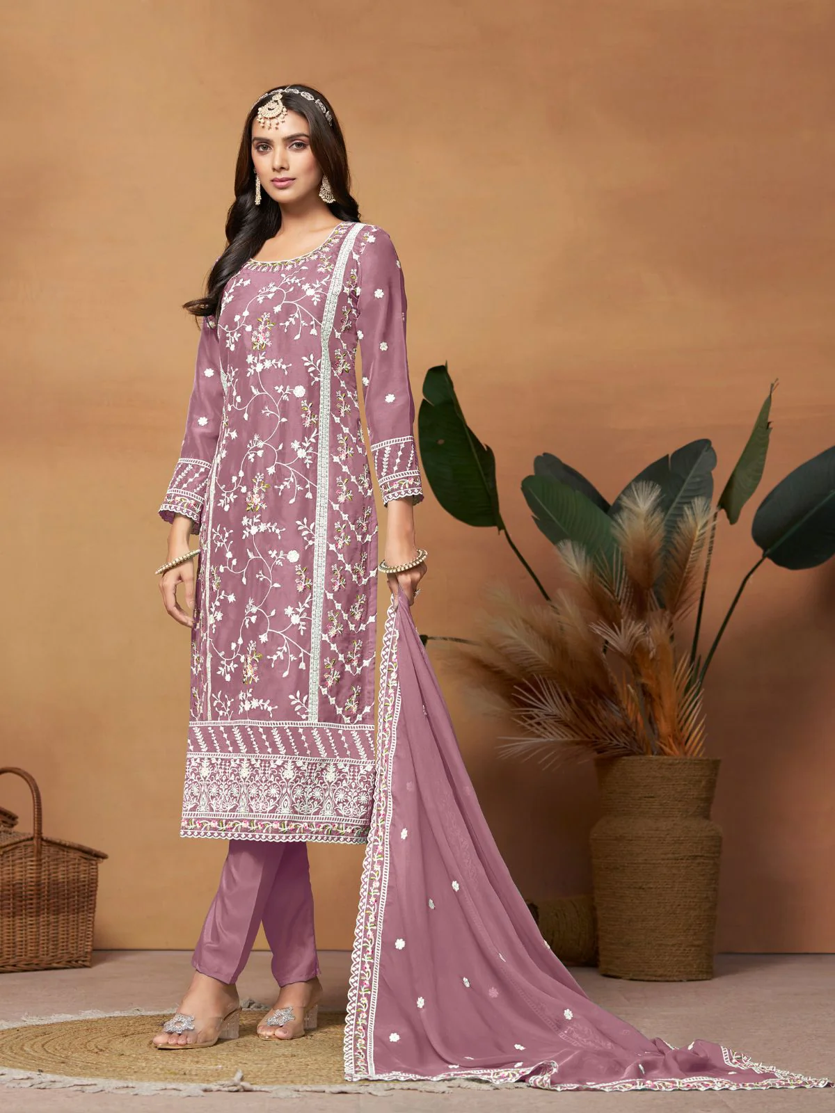 Odette Pink Embroidered Semi Stitched Kurta Set  For Women - Image 2
