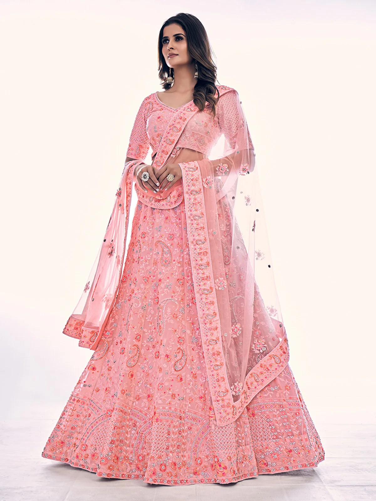 Odette Pink Embroidered Soft Net Semi Stitched Lehenga With Blouse For Women - Image 2