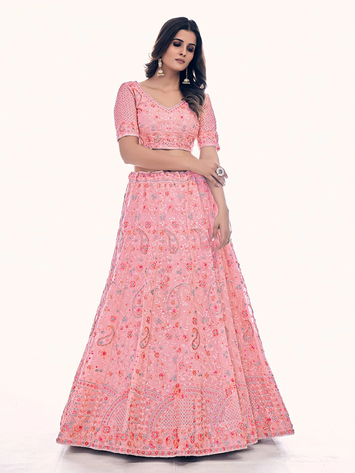 Odette Pink Embroidered Soft Net Semi Stitched Lehenga With Blouse For Women - Image 3