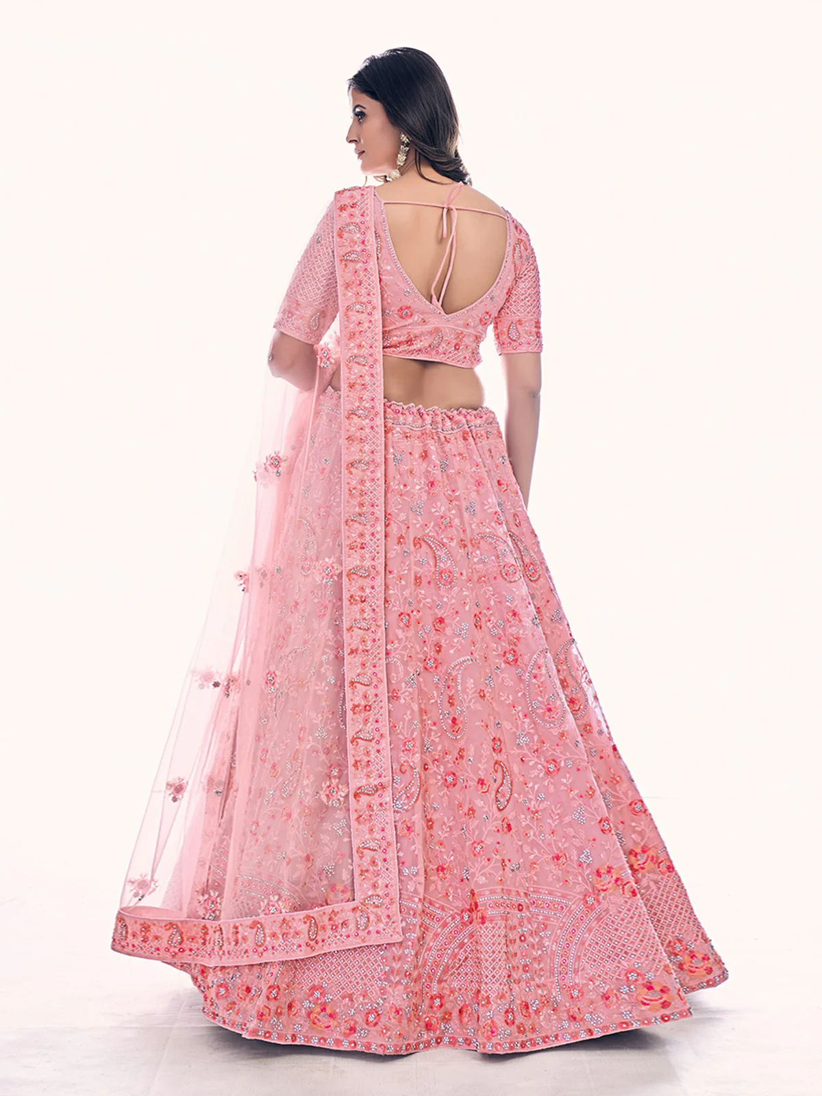 Odette Pink Embroidered Soft Net Semi Stitched Lehenga With Blouse For Women - Image 4
