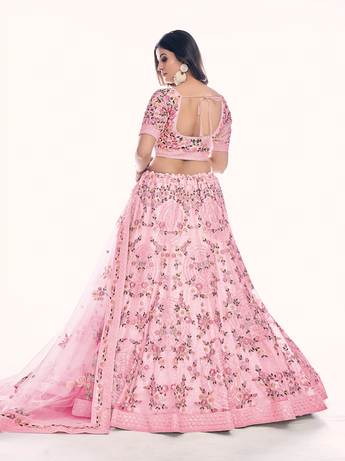 Odette Pink Embroidered Soft Net Semi Stitched Lehenga With Blouse For Women - Image 4