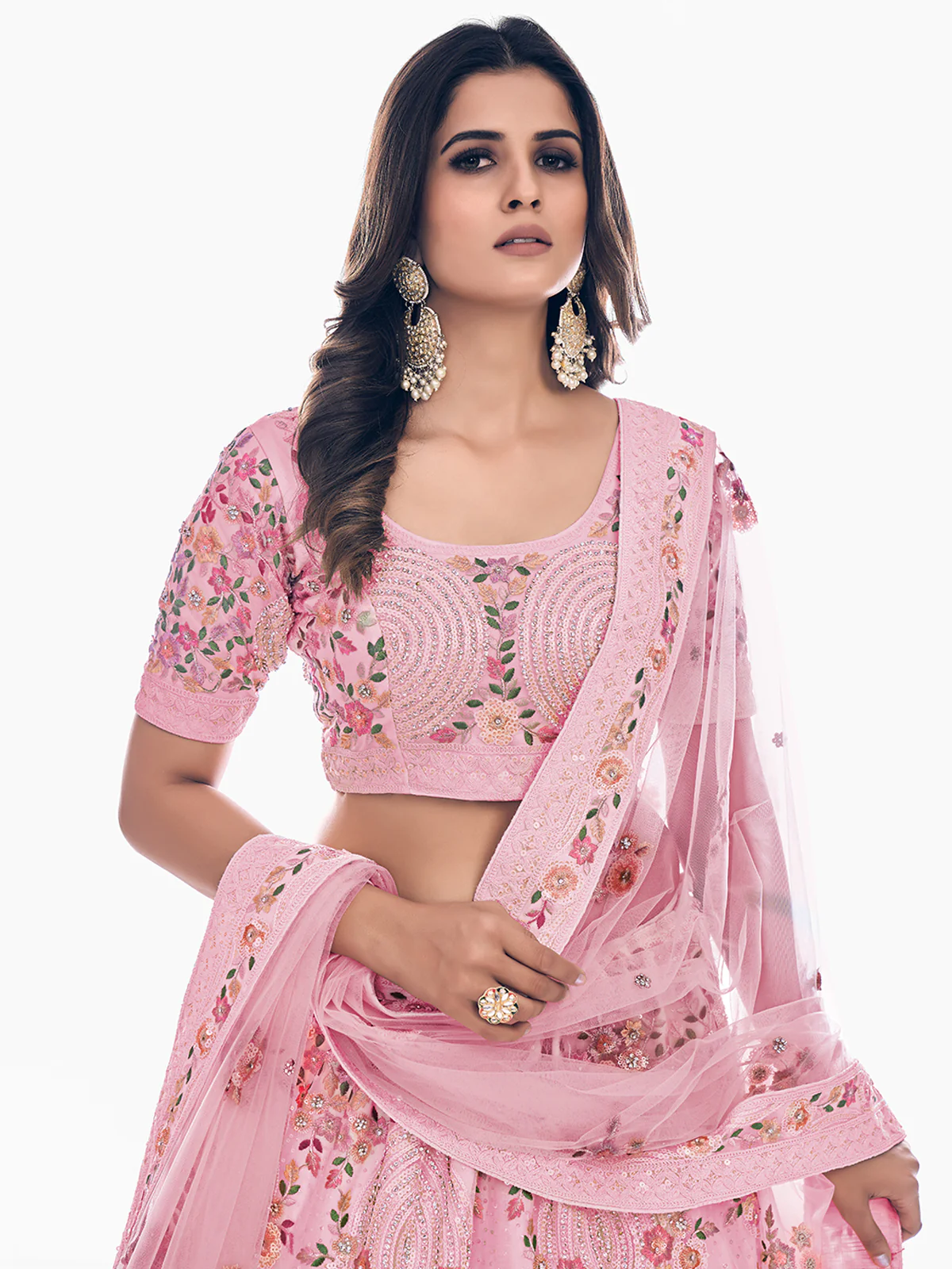 Odette Pink Embroidered Soft Net Semi Stitched Lehenga With Blouse For Women - Image 5