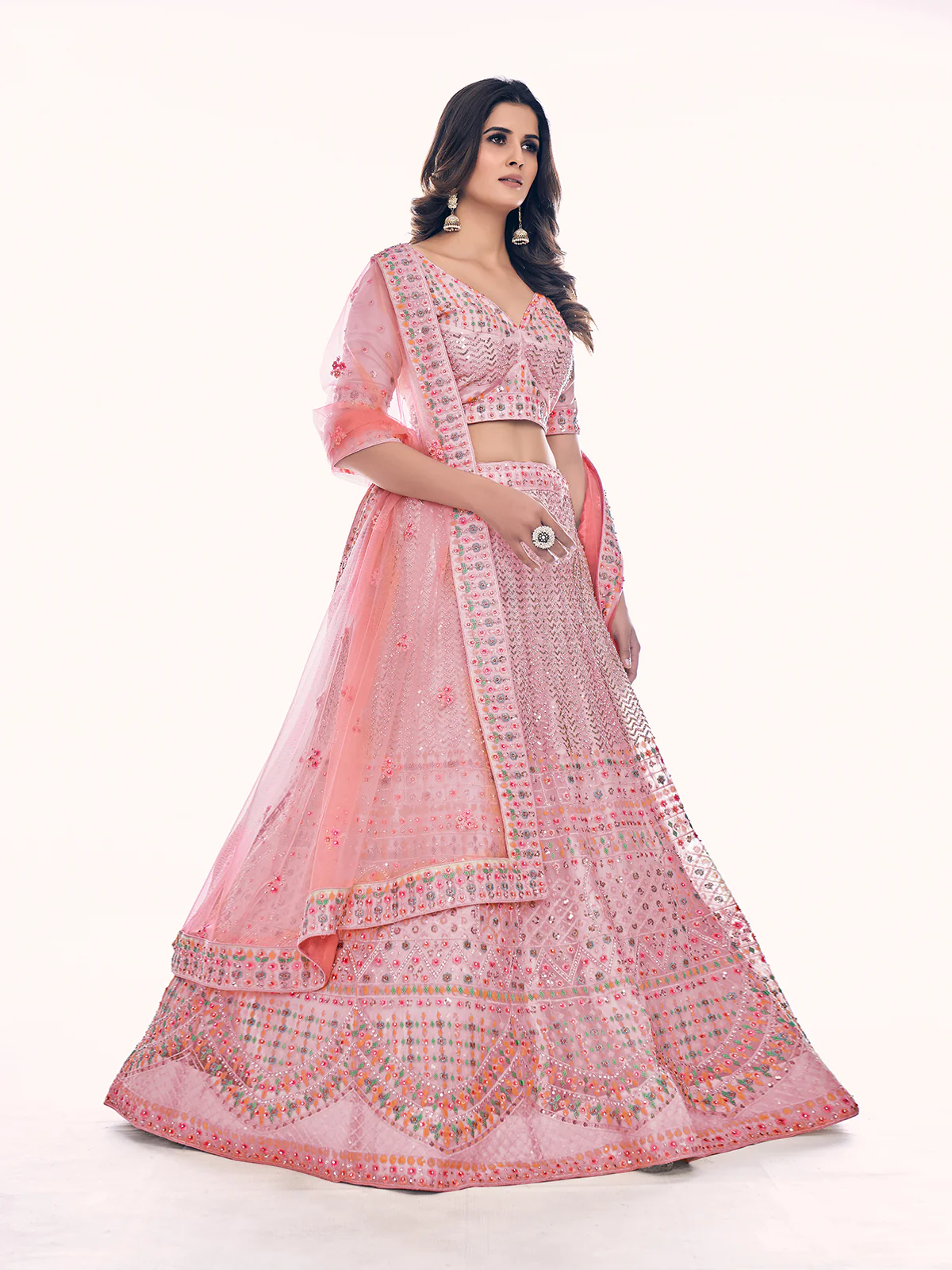 Odette Pink Embroidered Soft Net Semi Stitched Lehenga With Blouse For Women - Image 2
