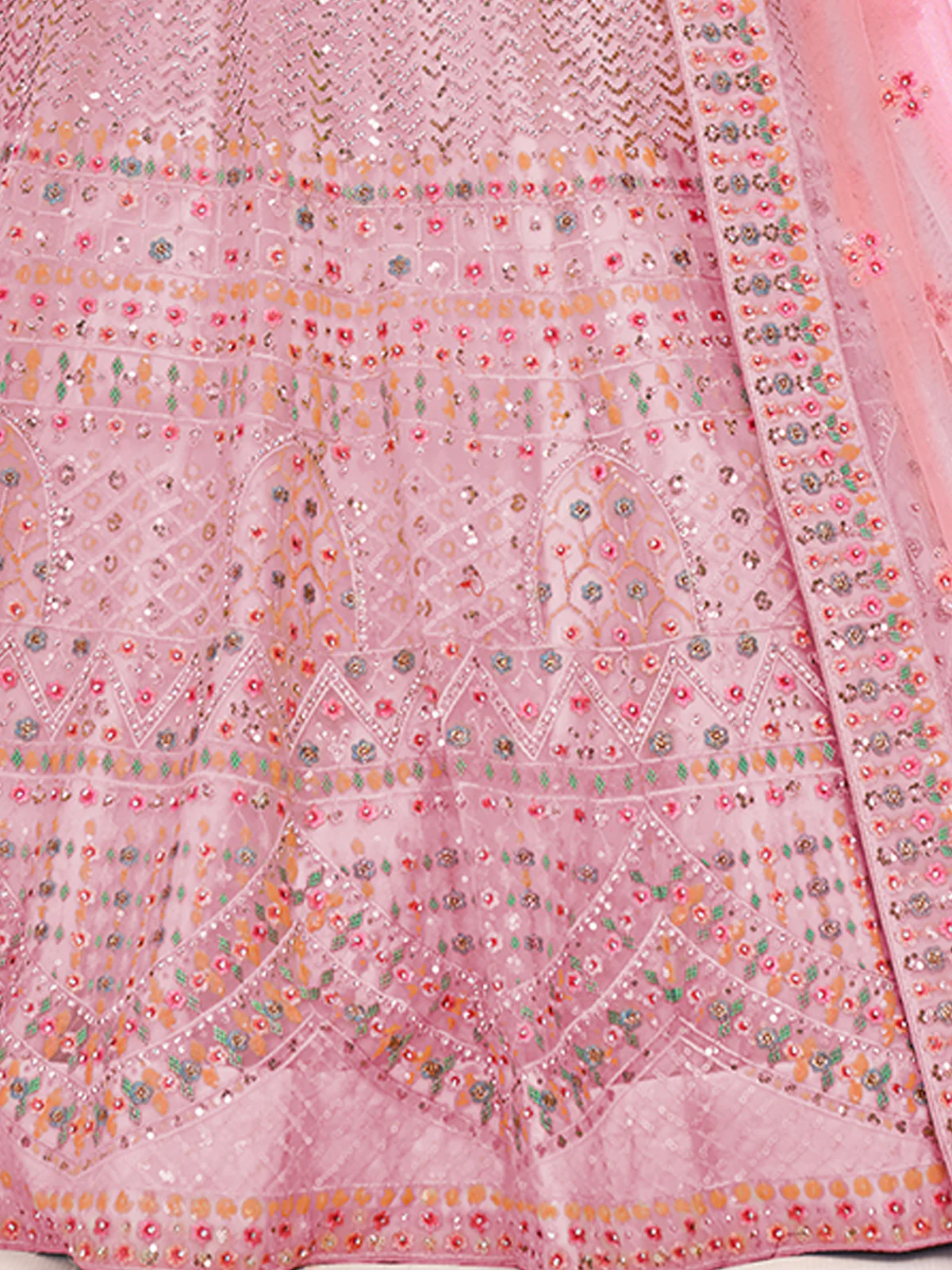Odette Pink Embroidered Soft Net Semi Stitched Lehenga With Blouse For Women - Image 6
