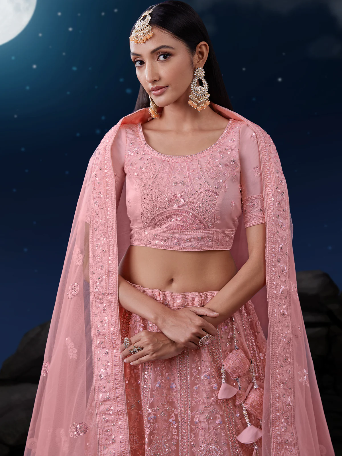 Odette Pink Embroidered Soft Net Semi Stitched Lehenga With Blouse For Women - Image 6