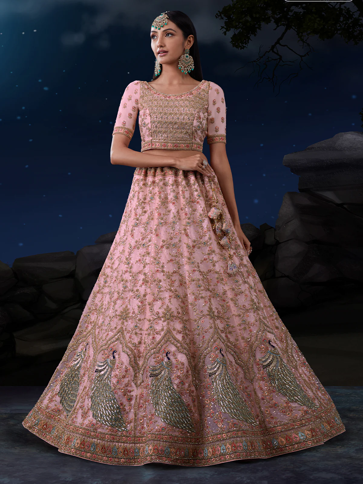 Odette Pink Embroidered Soft Net Semi Stitched Lehenga With Blouse For Women - Image 2