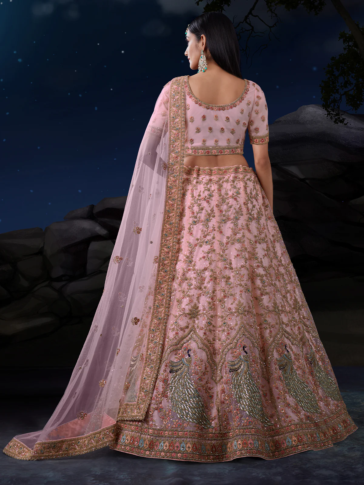 Odette Pink Embroidered Soft Net Semi Stitched Lehenga With Blouse For Women - Image 3