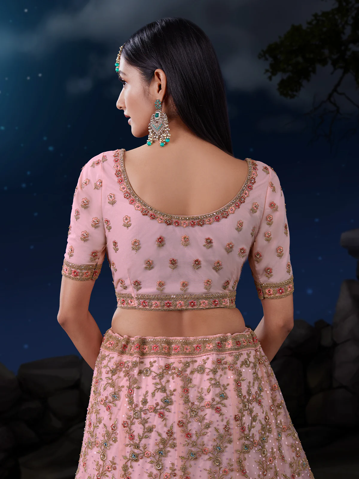 Odette Pink Embroidered Soft Net Semi Stitched Lehenga With Blouse For Women - Image 6