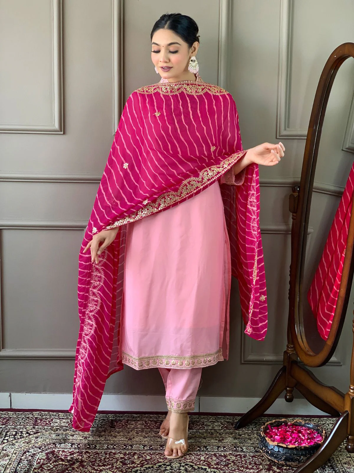 Odette Pink Embroidered Viscose Silk Stitched Kurta Salwar Set For Women - Image 2