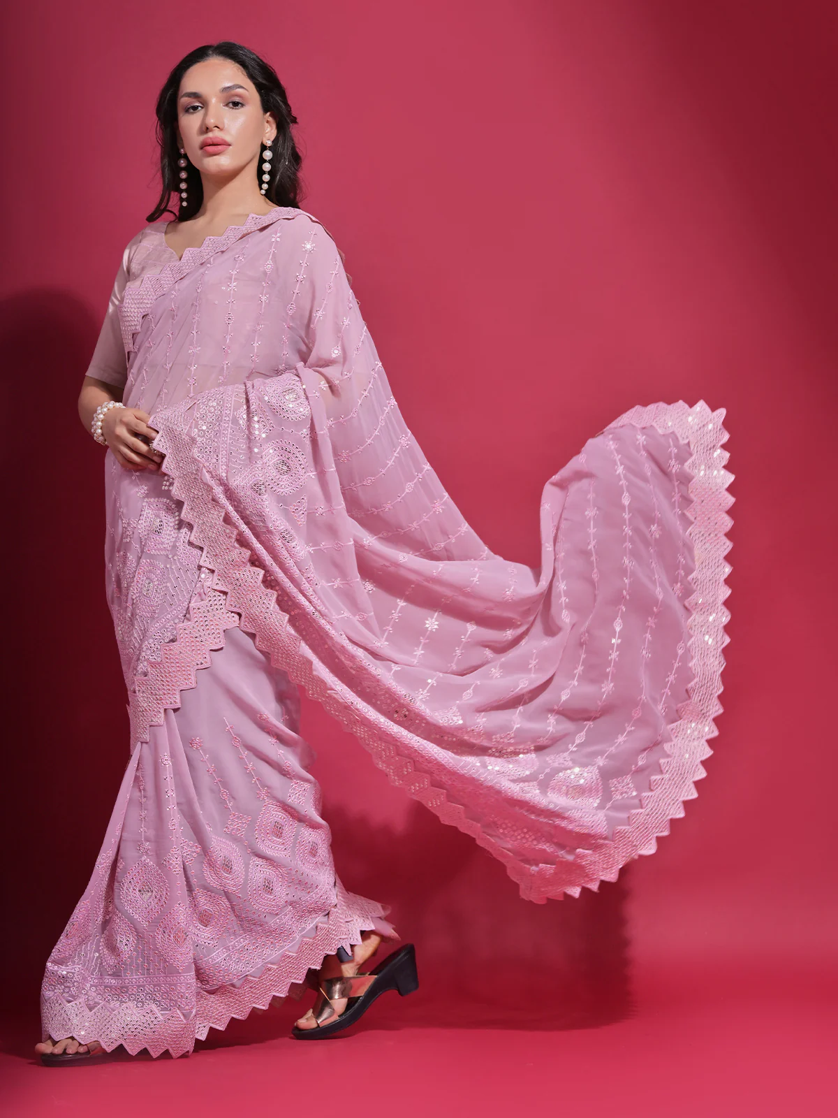 Odette Pink Embellished Georgette Saree With Unstitched Blouse For Women - Image 2