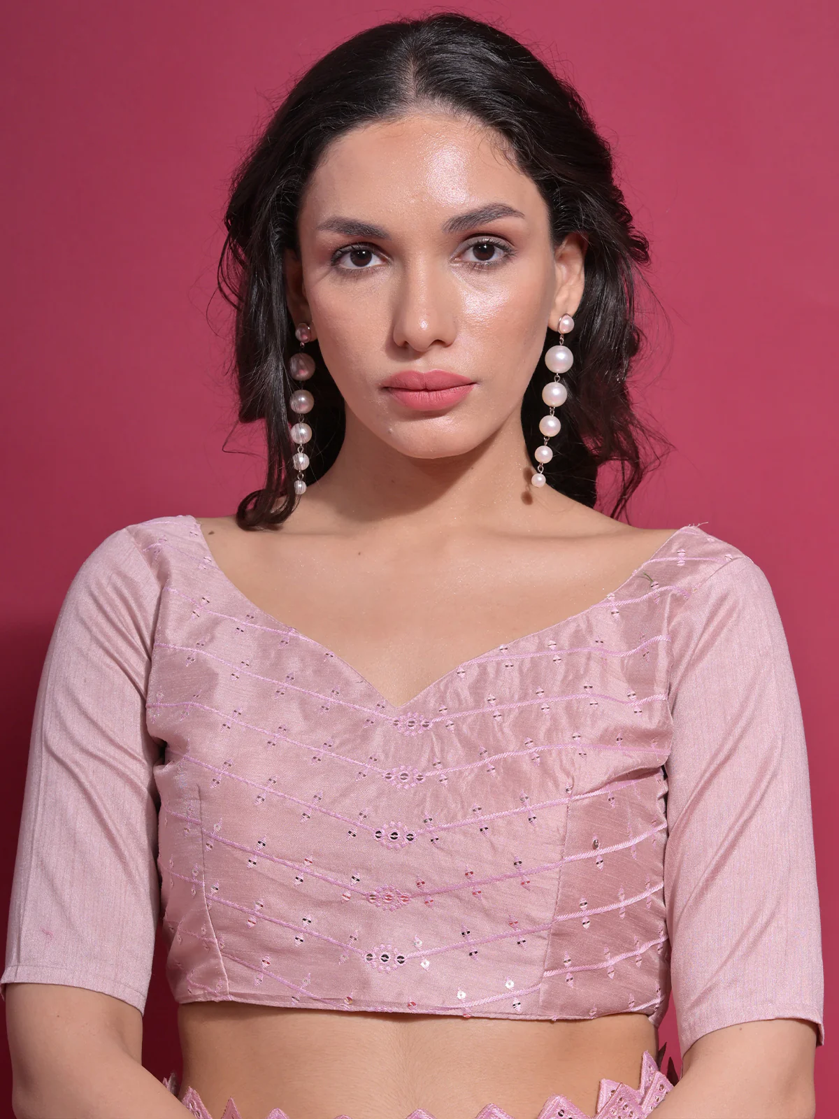 Odette Pink Embellished Georgette Saree With Unstitched Blouse For Women - Image 5