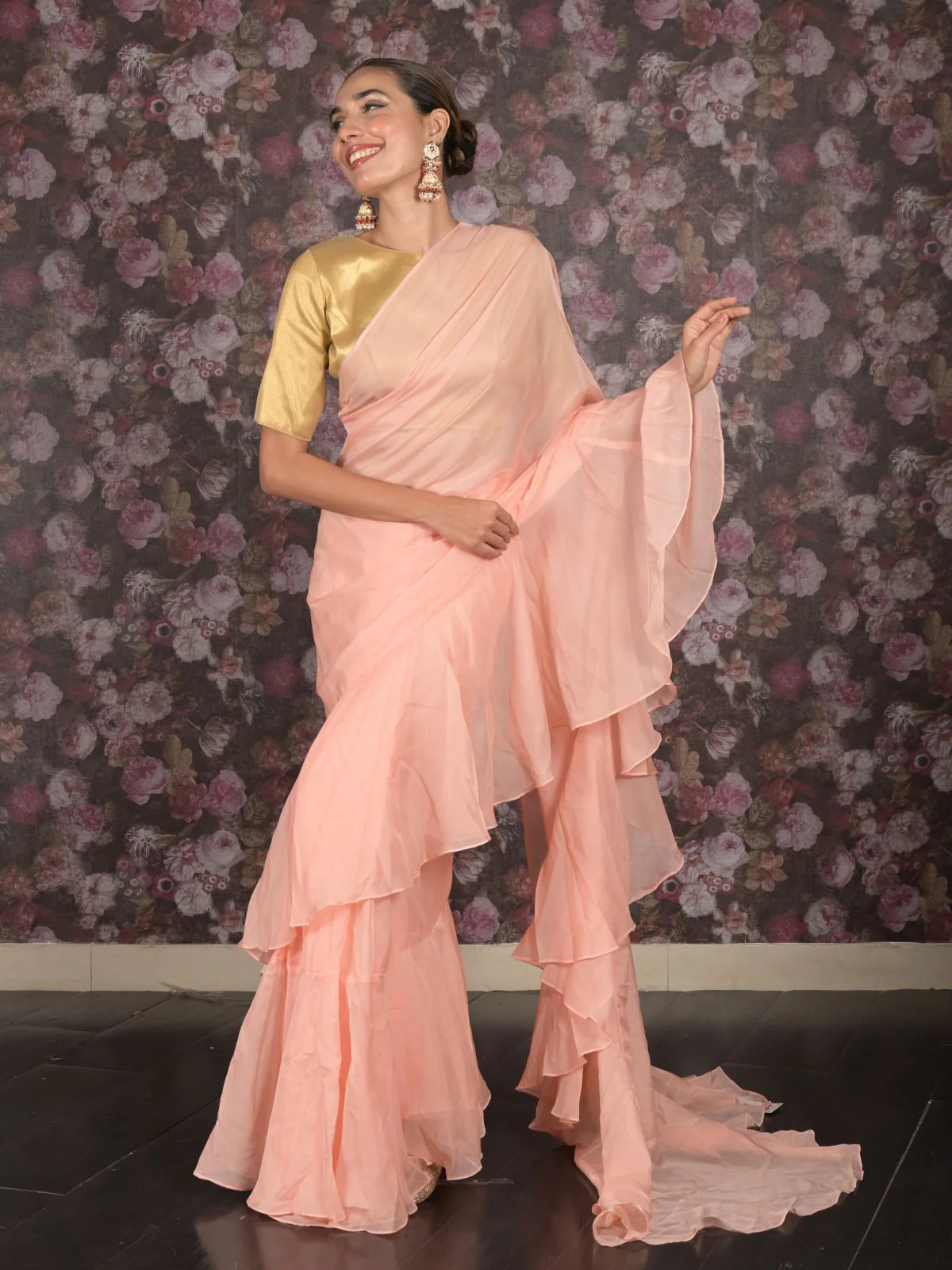 Odette Pink Foil Printed Chiffon Saree with Unstitched Blouse for Women - Image 2