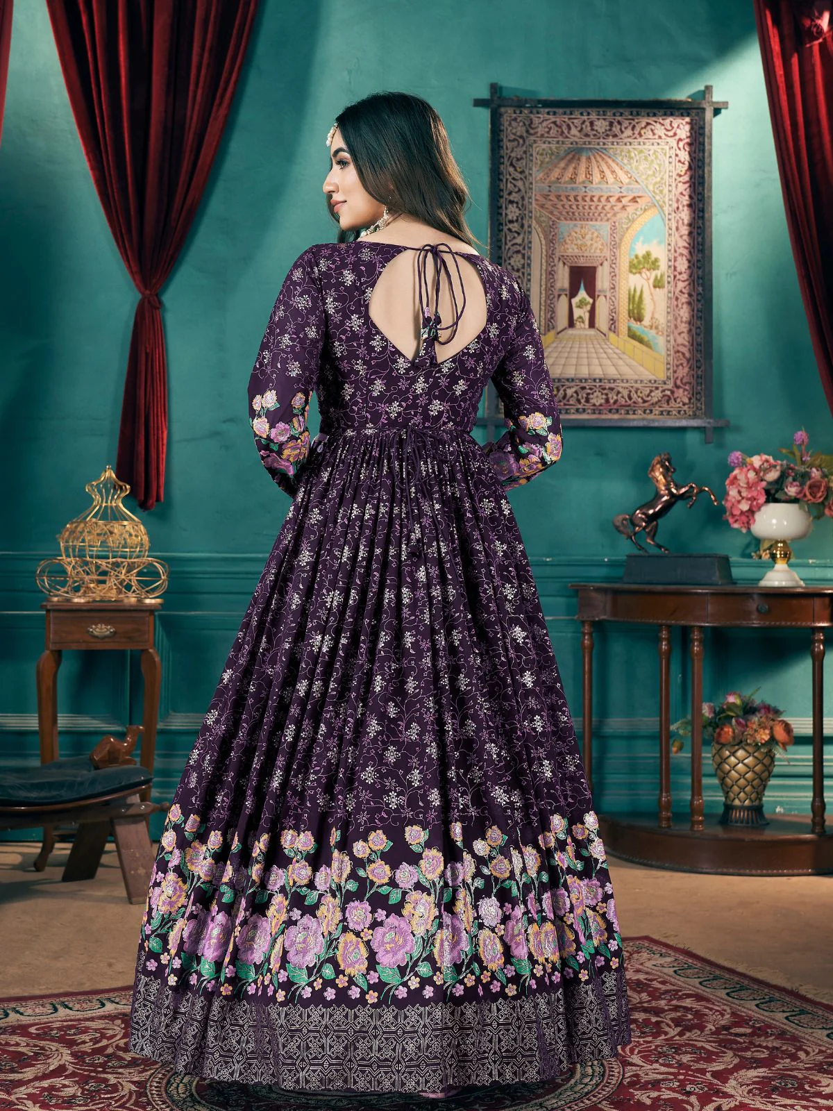 Odette Purple Faux Georgette Printed Gown For Women - Image 5