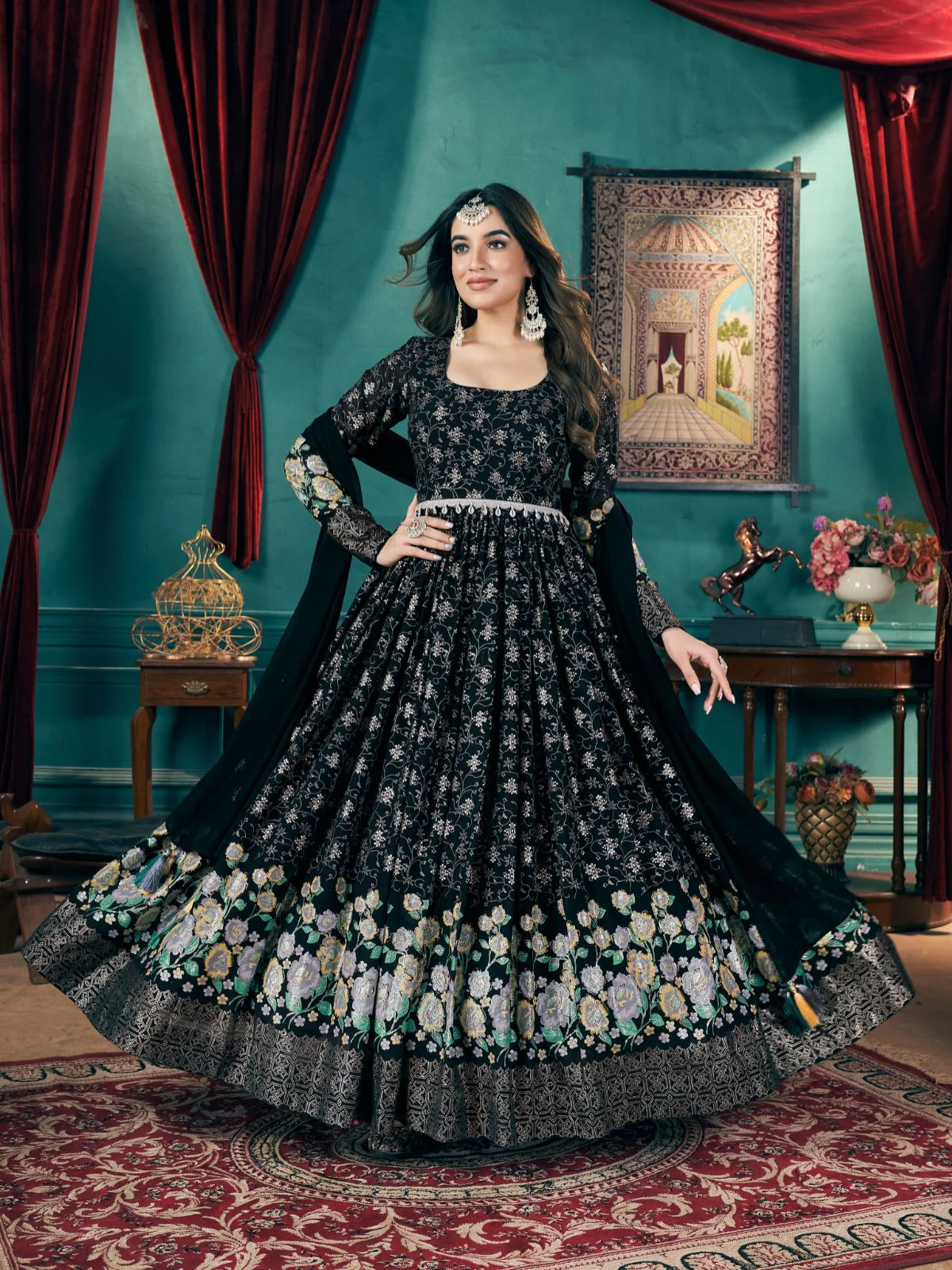Odette Black Foux Georgette Foil Print Gown For Women - Image 2