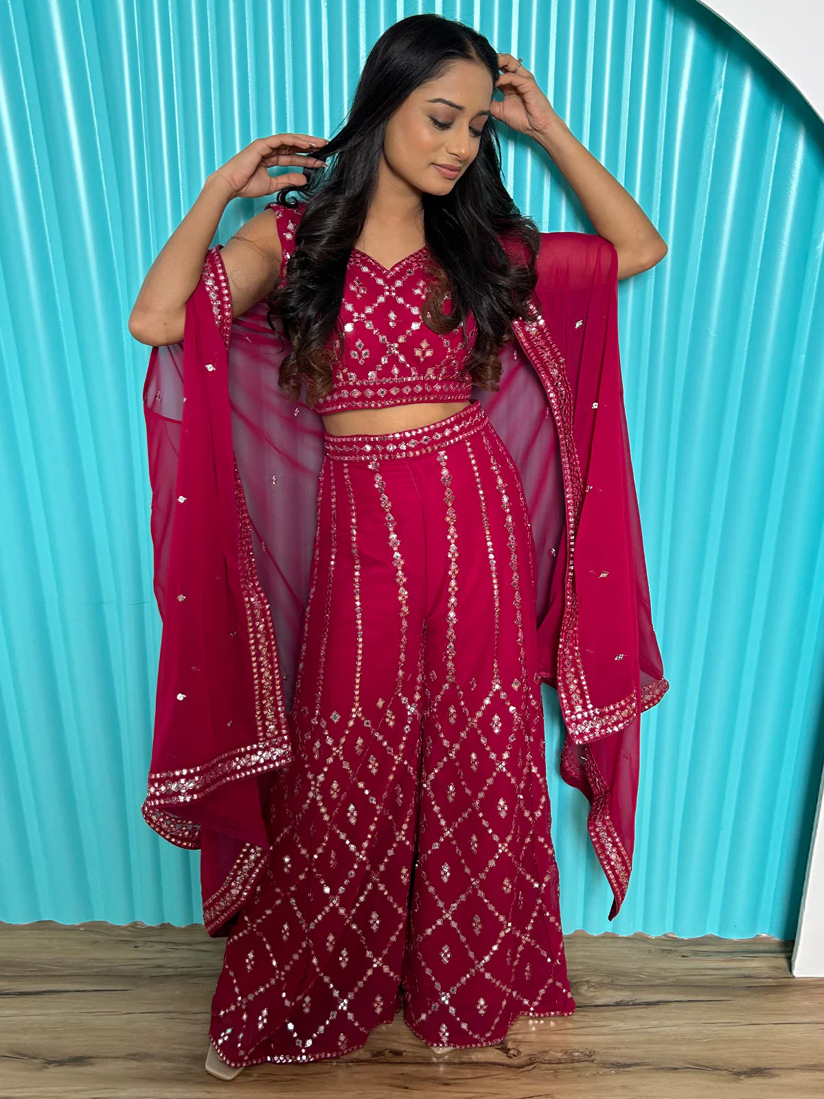 Odette Pink Georgette Co-Ord Set with Unstitched Blouse for Women - Image 2