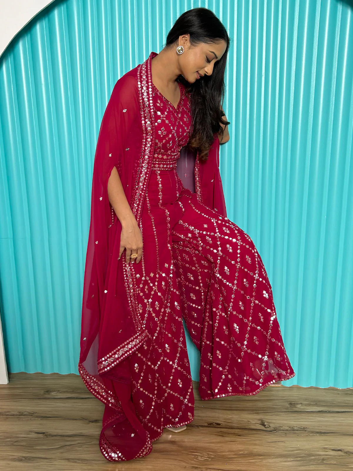 Odette Pink Georgette Co-Ord Set with Unstitched Blouse for Women - Image 4