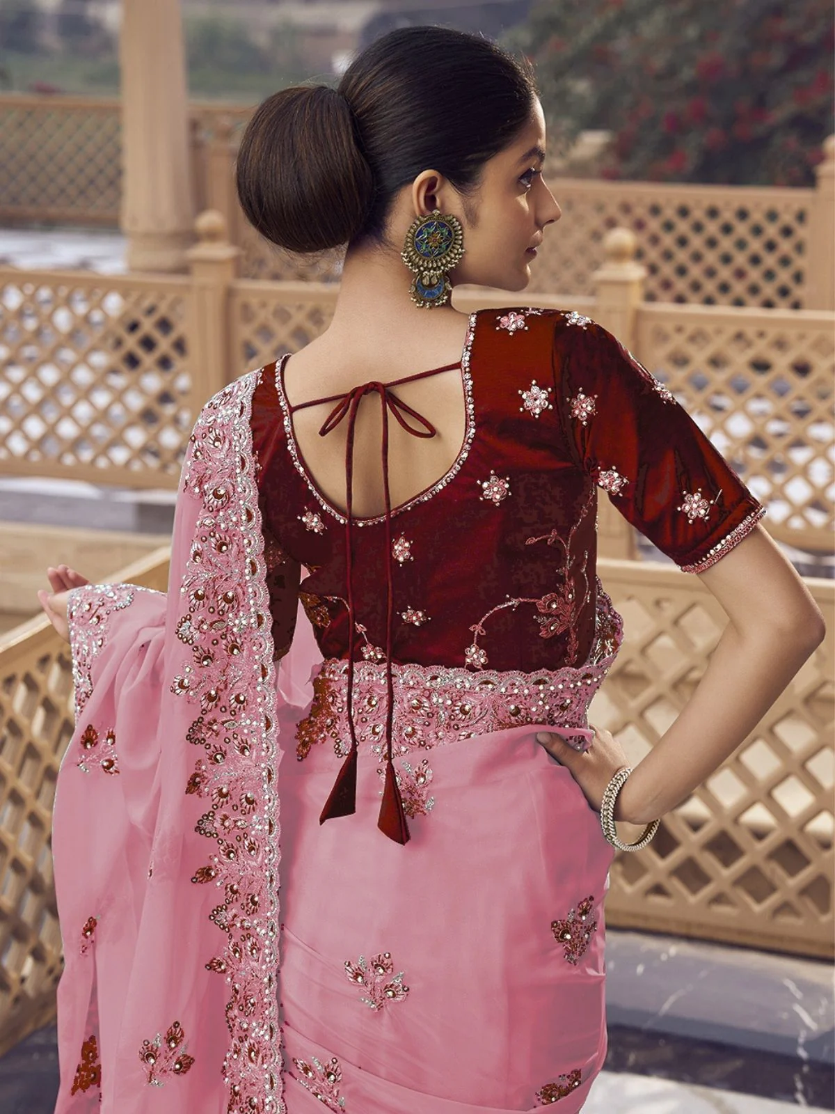 Odette Pink Georgette Embellished Elegant Saree For Women - Image 2