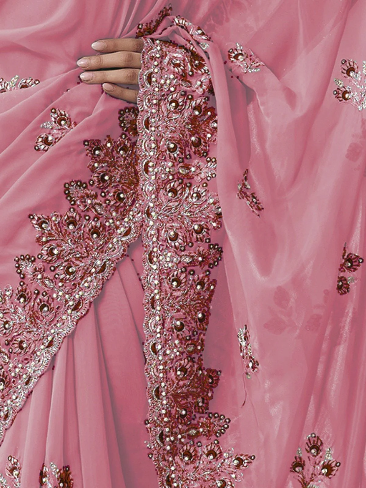 Odette Pink Georgette Embellished Elegant Saree For Women - Image 4