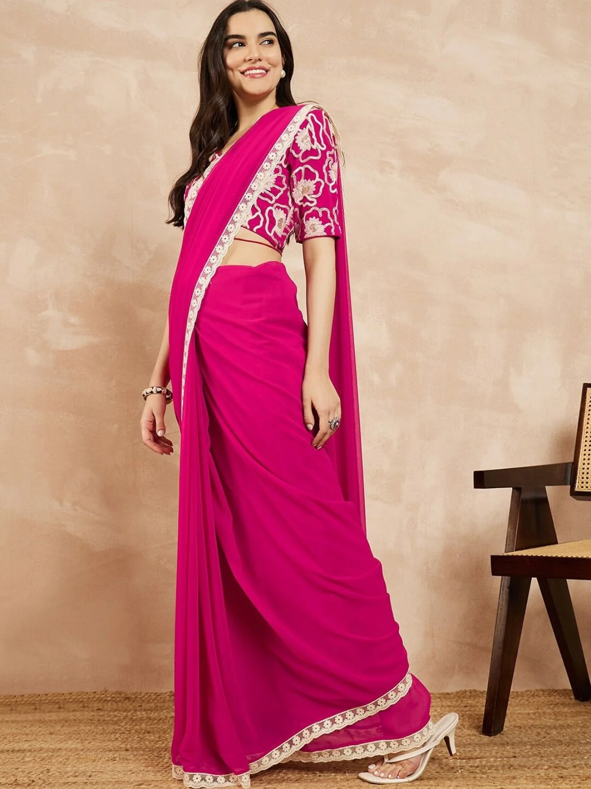 Odette Pink Georgette Embellished Saree For Women - Image 2