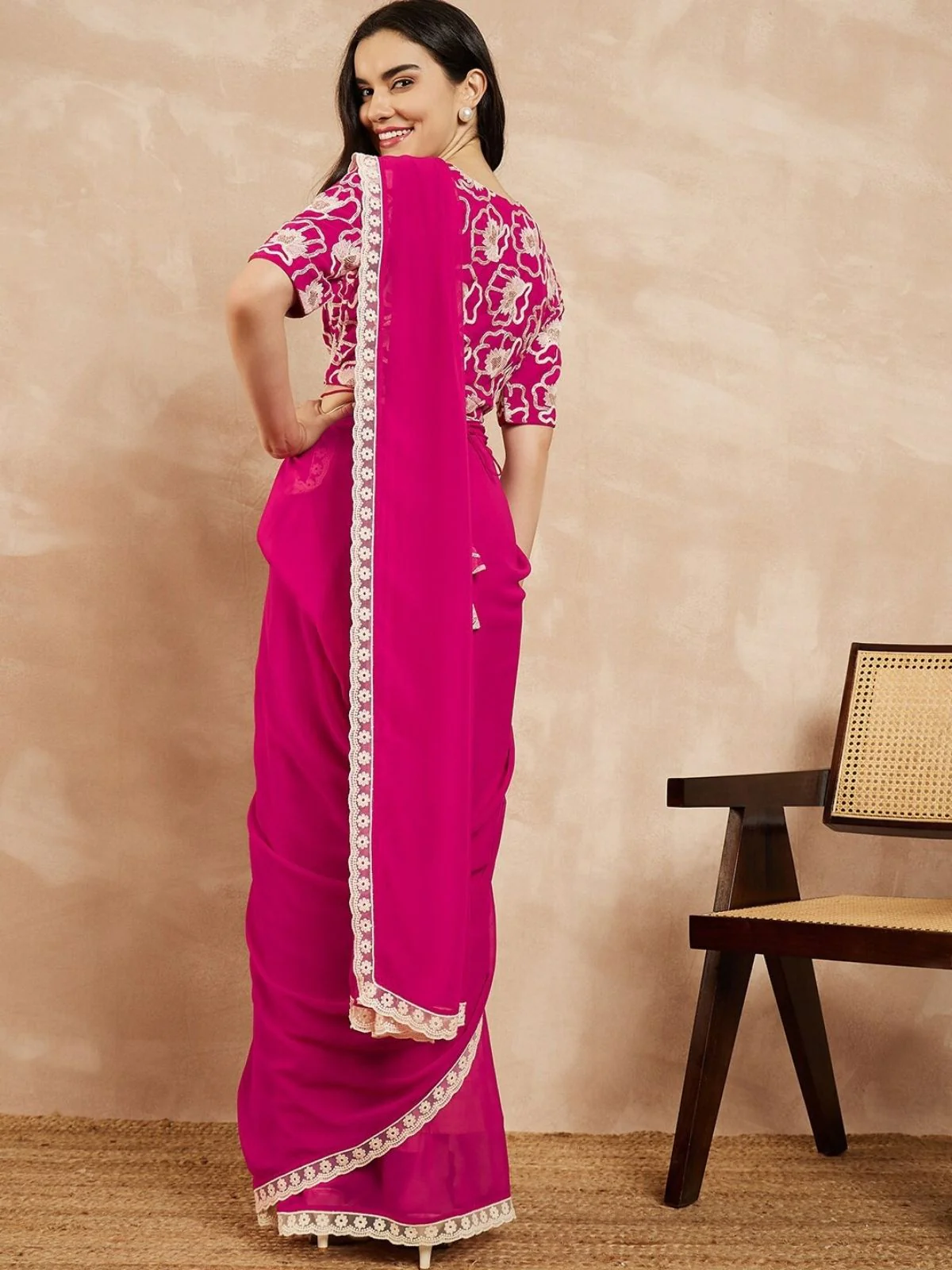 Odette Pink Georgette Embellished Saree For Women - Image 3