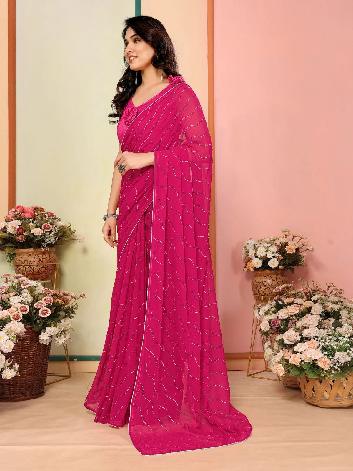 Odette Pink Georgette Embellished Saree For Women - Image 2
