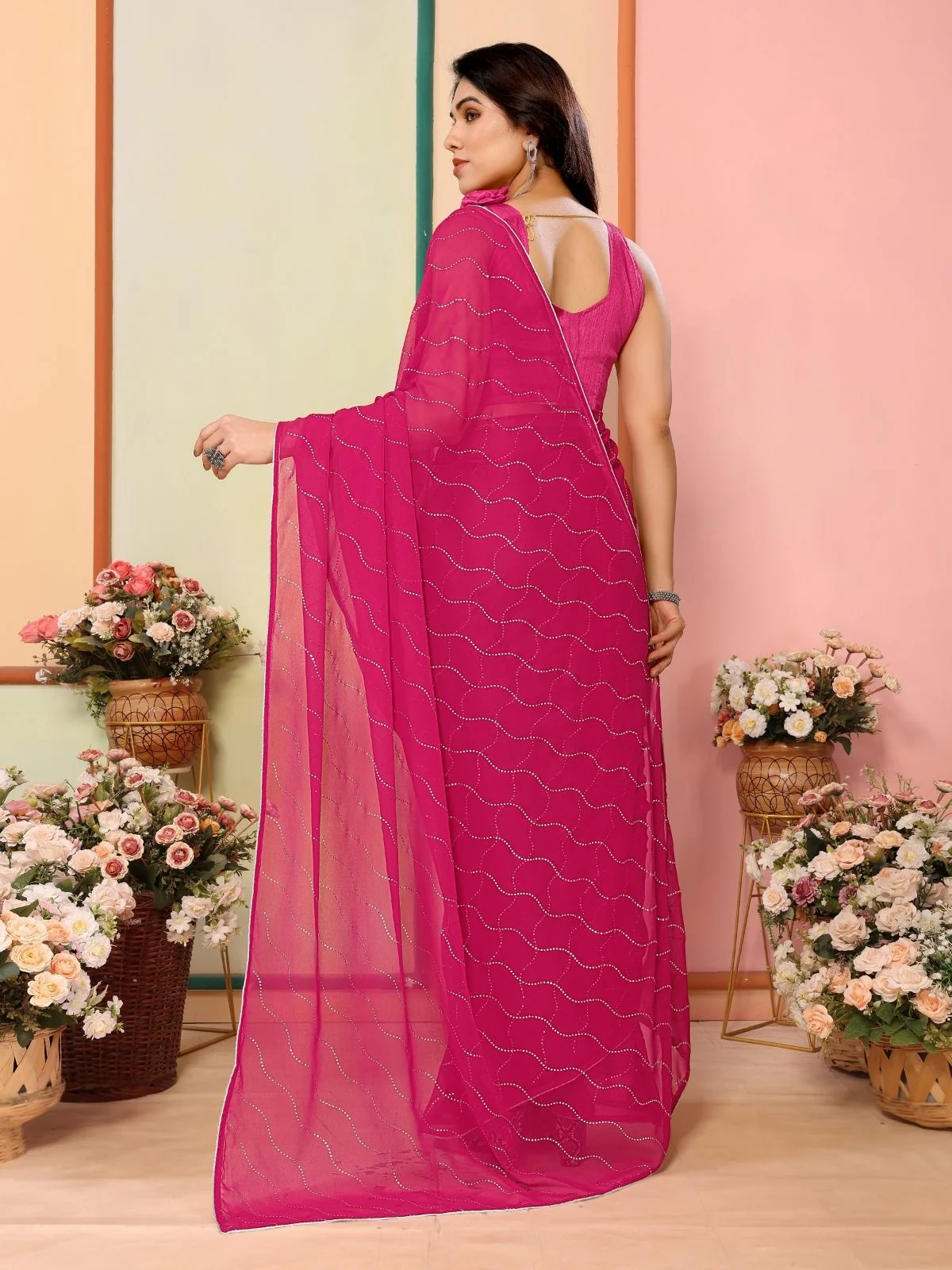 Odette Pink Georgette Embellished Saree For Women - Image 3