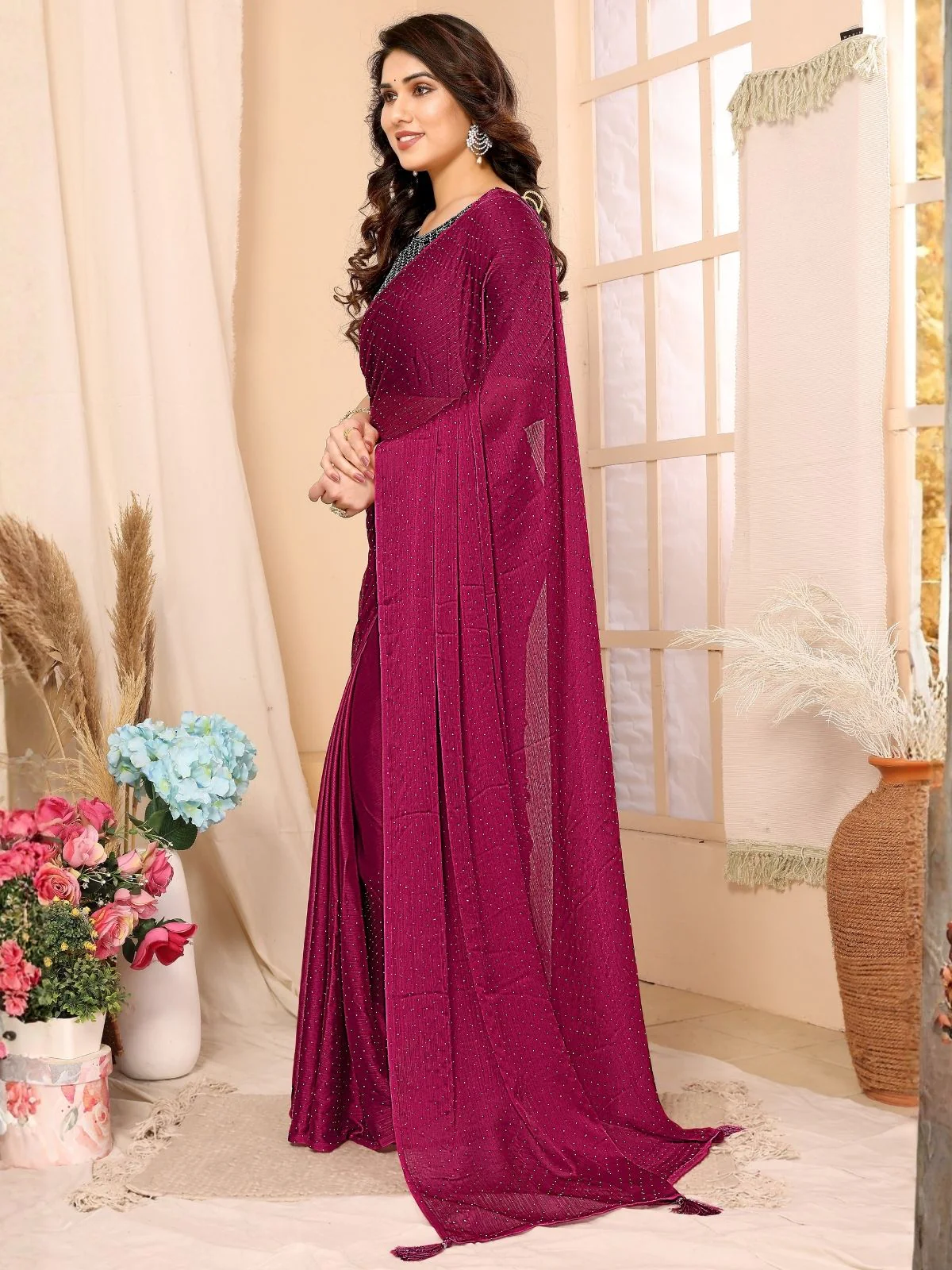 Odette Pink Georgette Embellished Saree For Women - Image 2