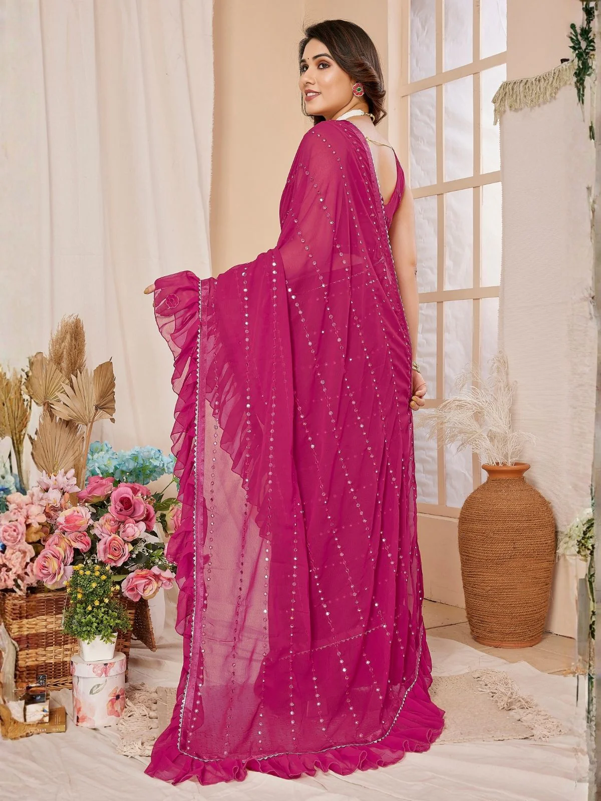 Odette Pink Georgette Embellished Saree For Women - Image 3
