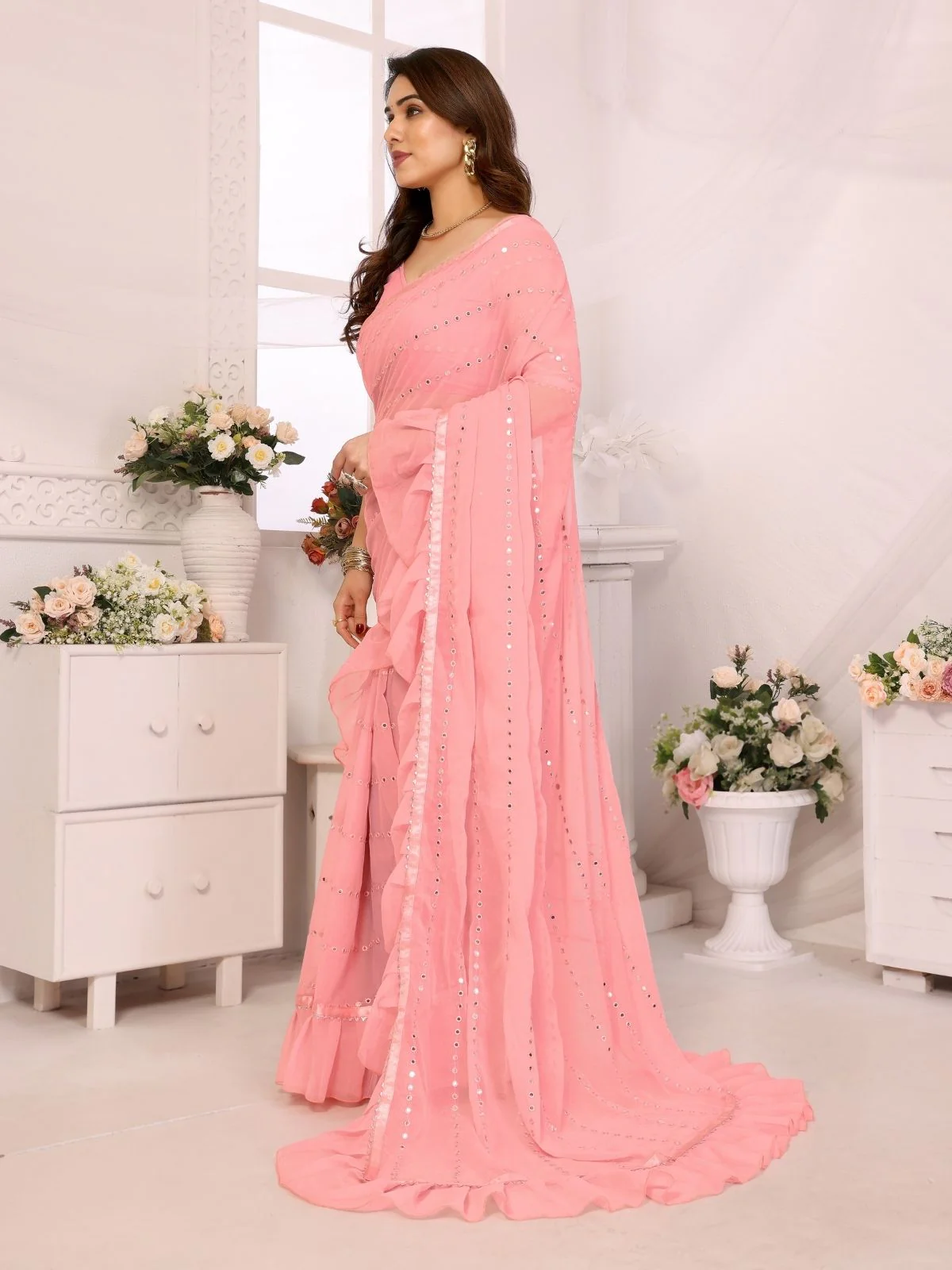 Odette Pink Georgette Embellished Saree For Women - Image 2