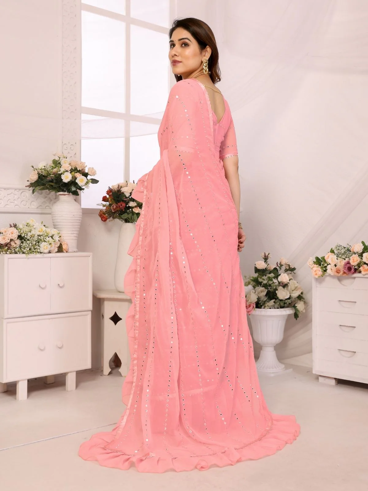Odette Pink Georgette Embellished Saree For Women - Image 3