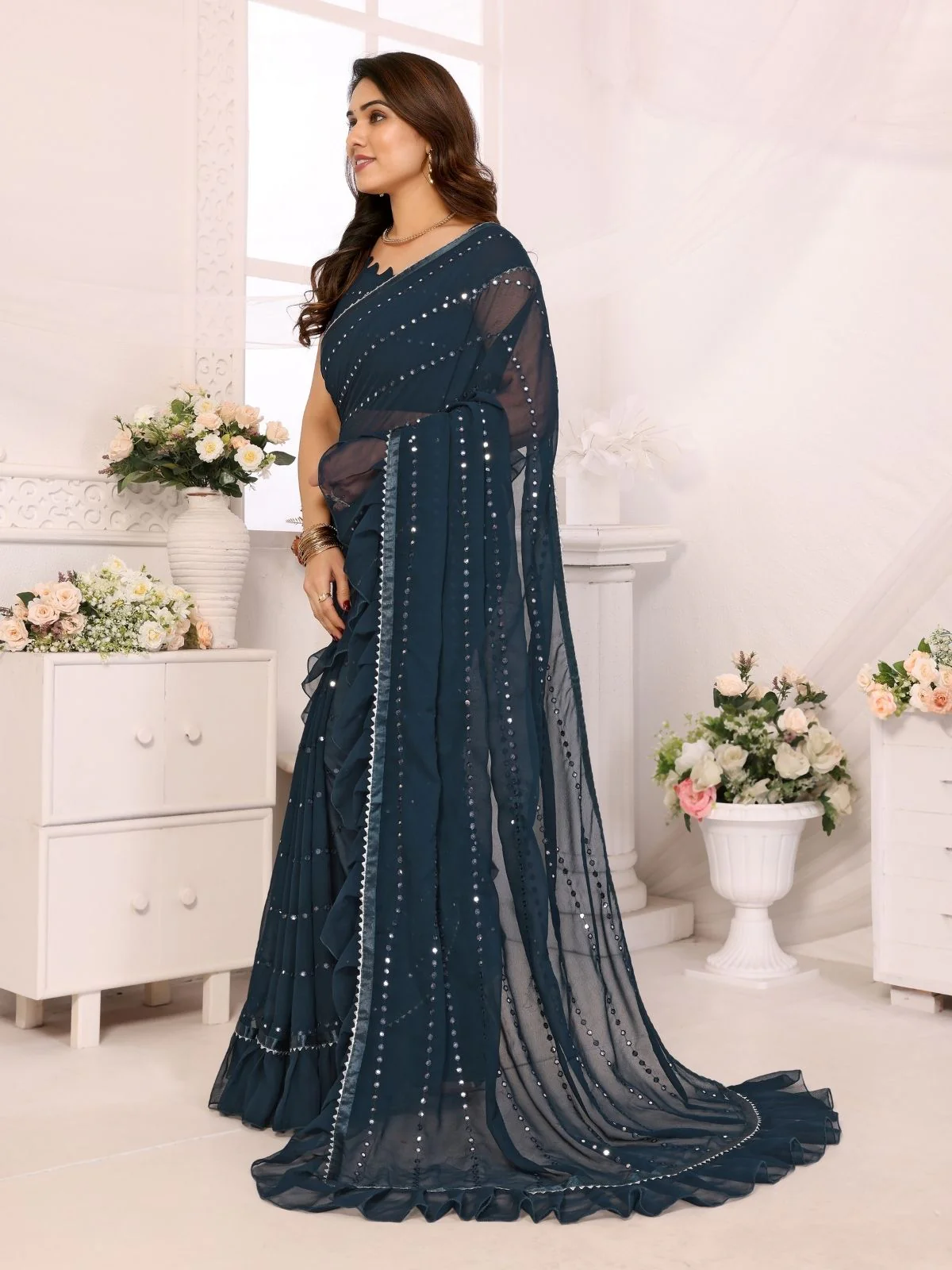 Odette Teal Blue Georgette Embellished Saree For Women - Image 2