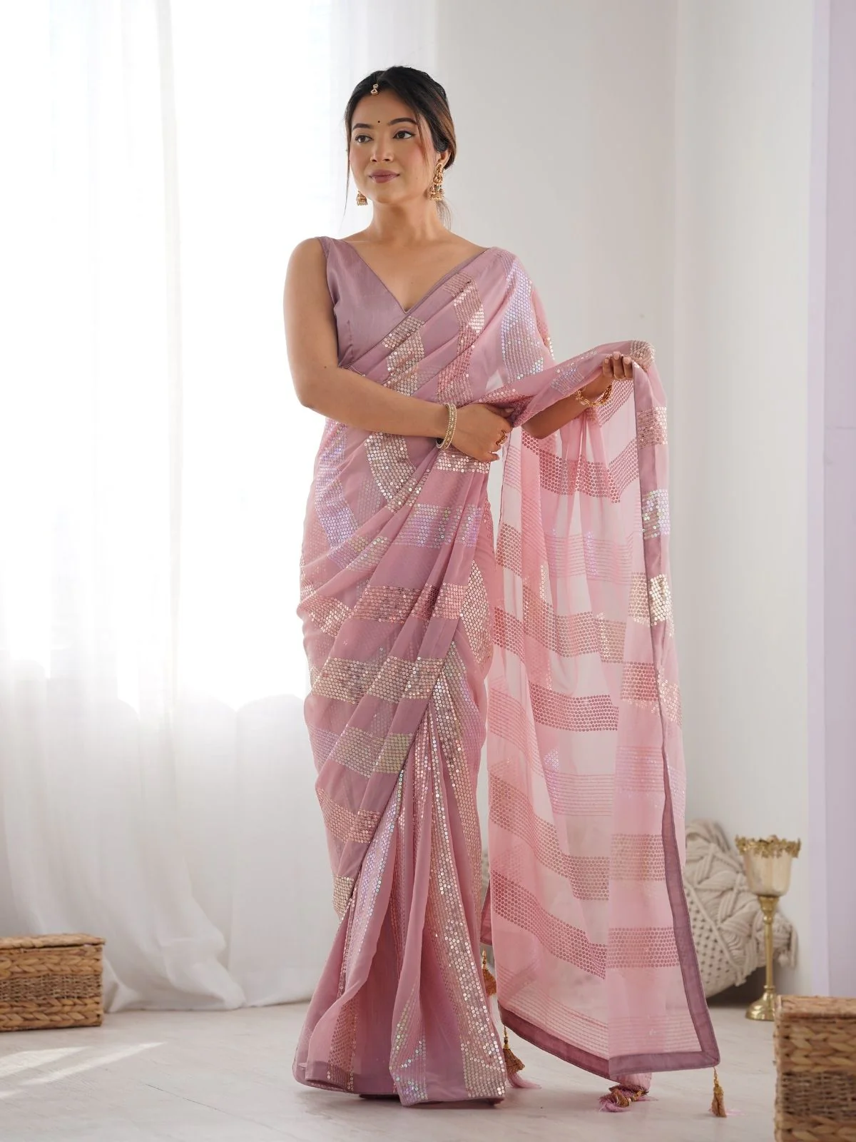 Odette Pink Georgette Embellished Saree With Unstitched Blouse For Women - Image 2