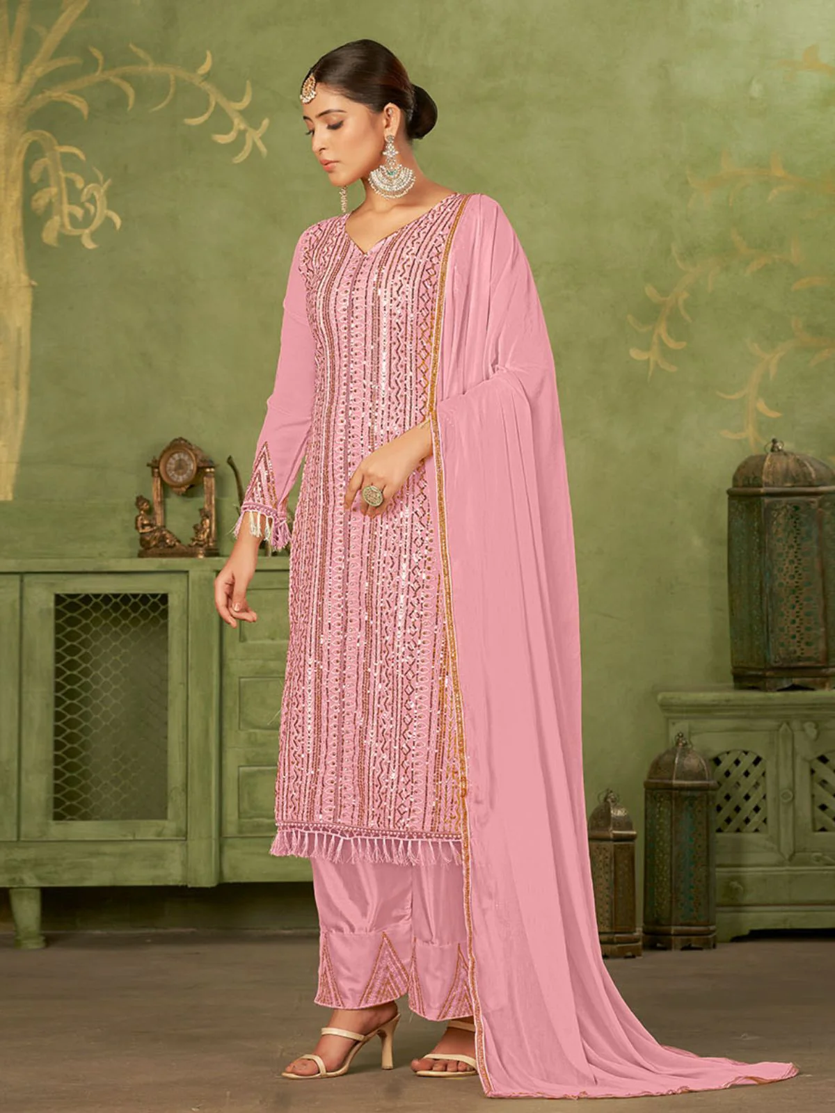 Odette Pink Georgette Embellished Semi Stitched Kurta Set For Women - Image 3