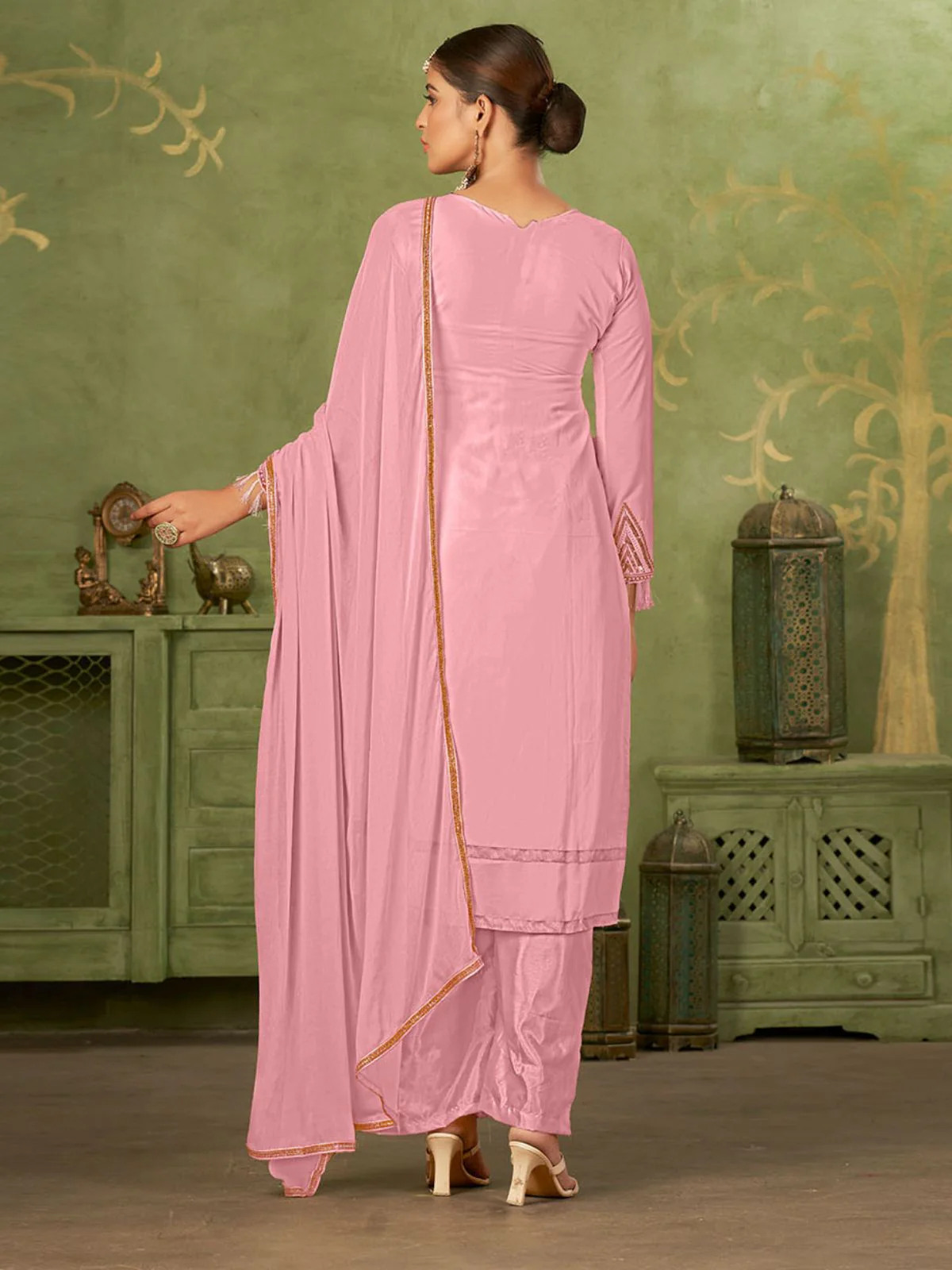Odette Pink Georgette Embellished Semi Stitched Kurta Set For Women - Image 5