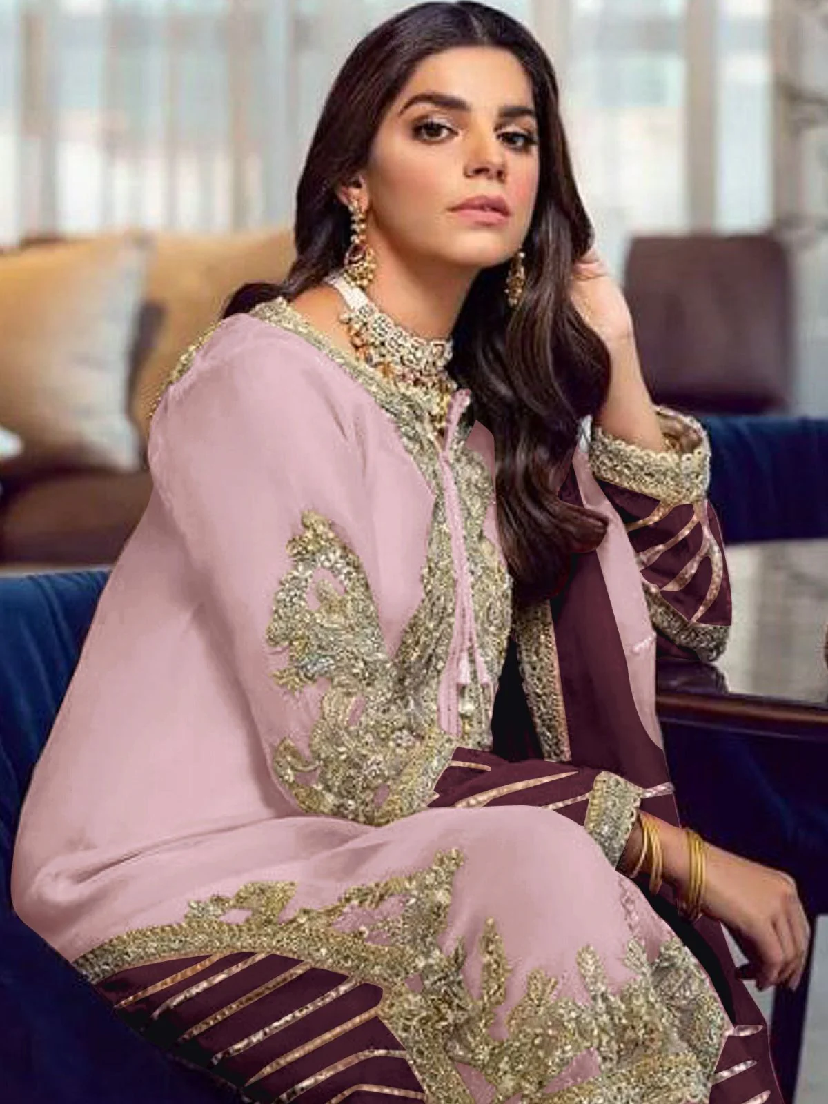 Odette Pink Georgette Embellished Semi stitched Kurta Set For Womenm - Image 2